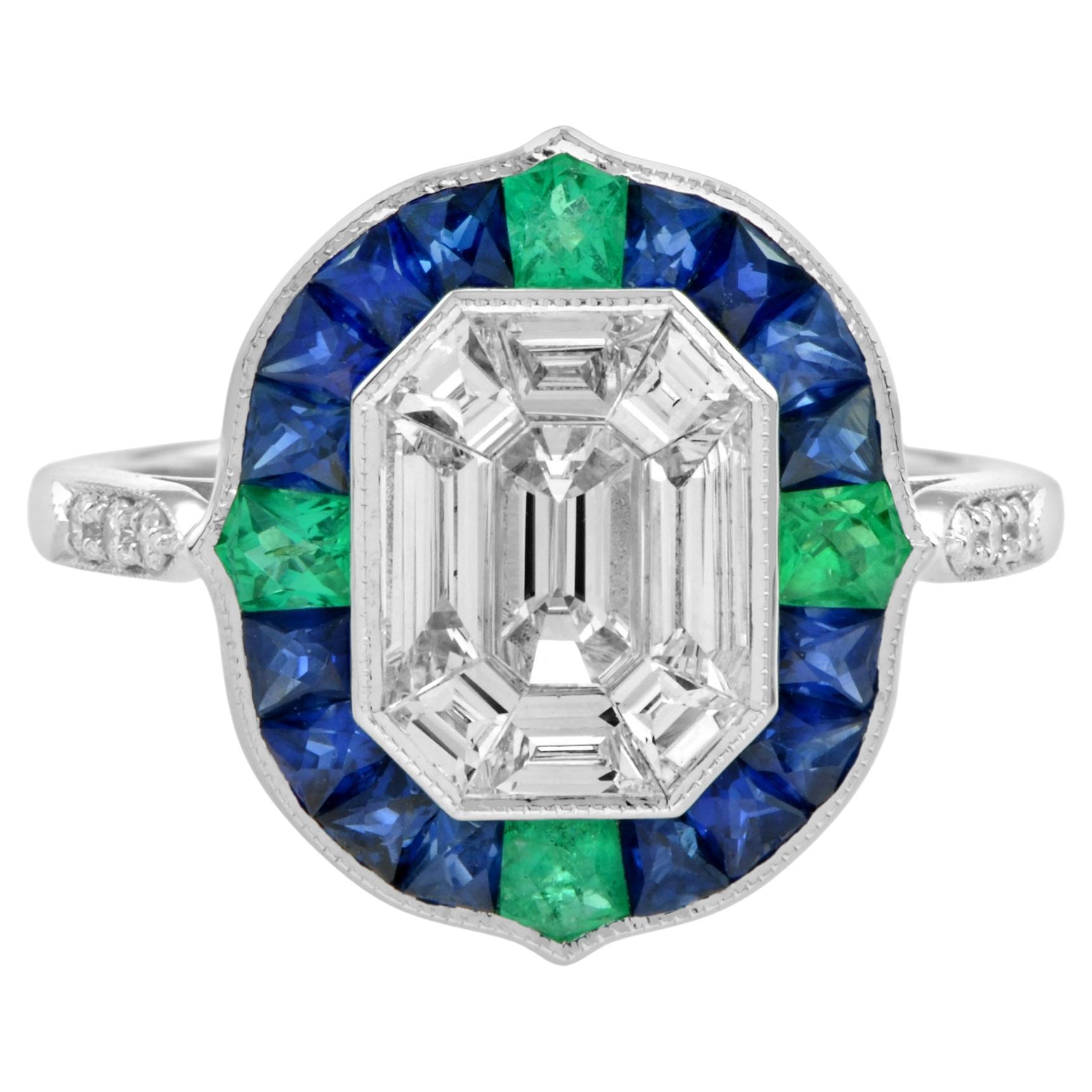 Illusion Setting Diamond with Sapphire Emerald Art Deco Style Ring in 18k Gold