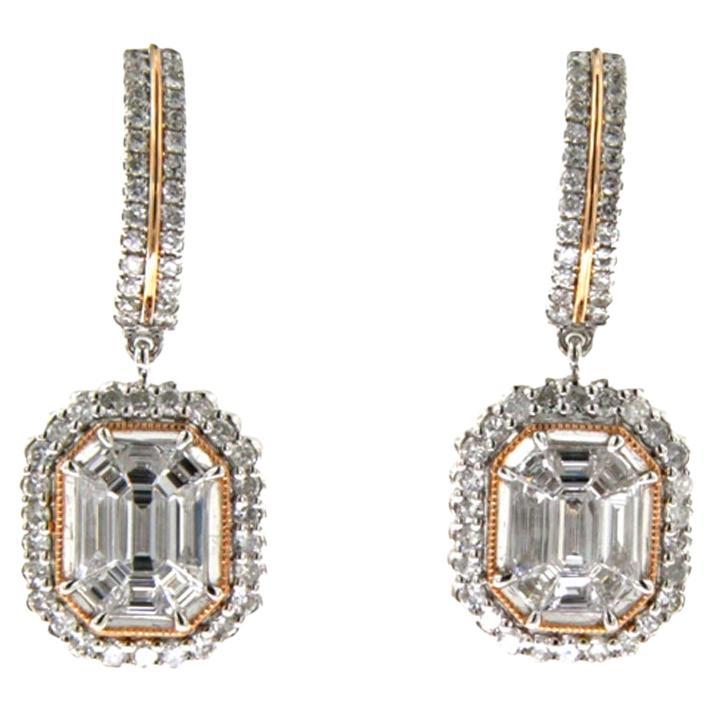 Illusion Setting Diamonds Drop Earrings in 18 Karat White Gold For Sale