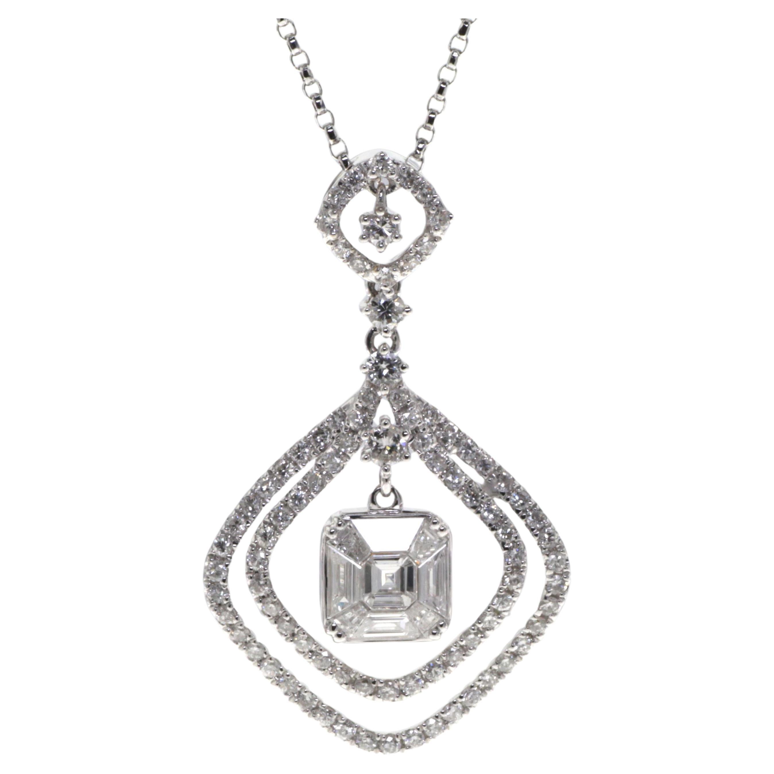 Illusion Setting Diamonds Pendant Necklace in 18K White Gold