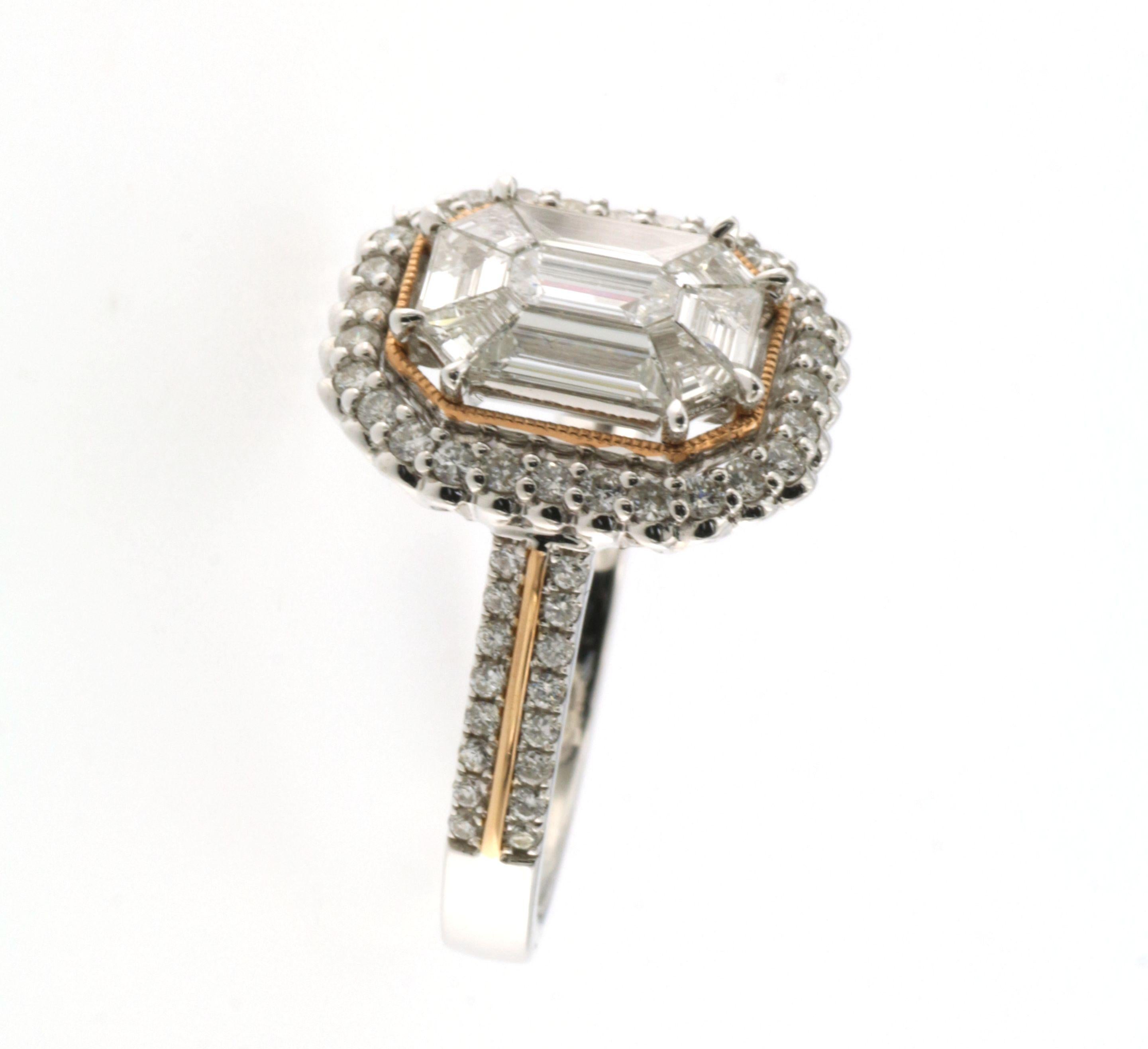 Taille mixte Bague en or blanc et rose 18 carats avec diamants de 1,44 carat à monture illusion en vente