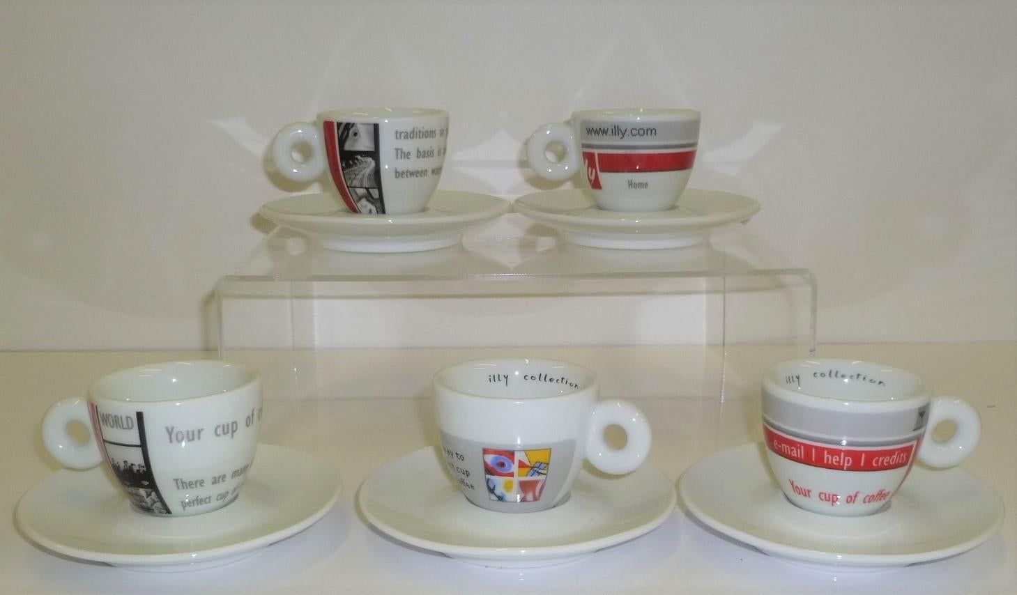 A set of 5 espresso or demi-tasse cups and saucers designed by Maria João Calisto for Illy Coffee. Illy commissioned well-known artists from around the world to create designs for collectable cup and saucer sets that would be release once a year