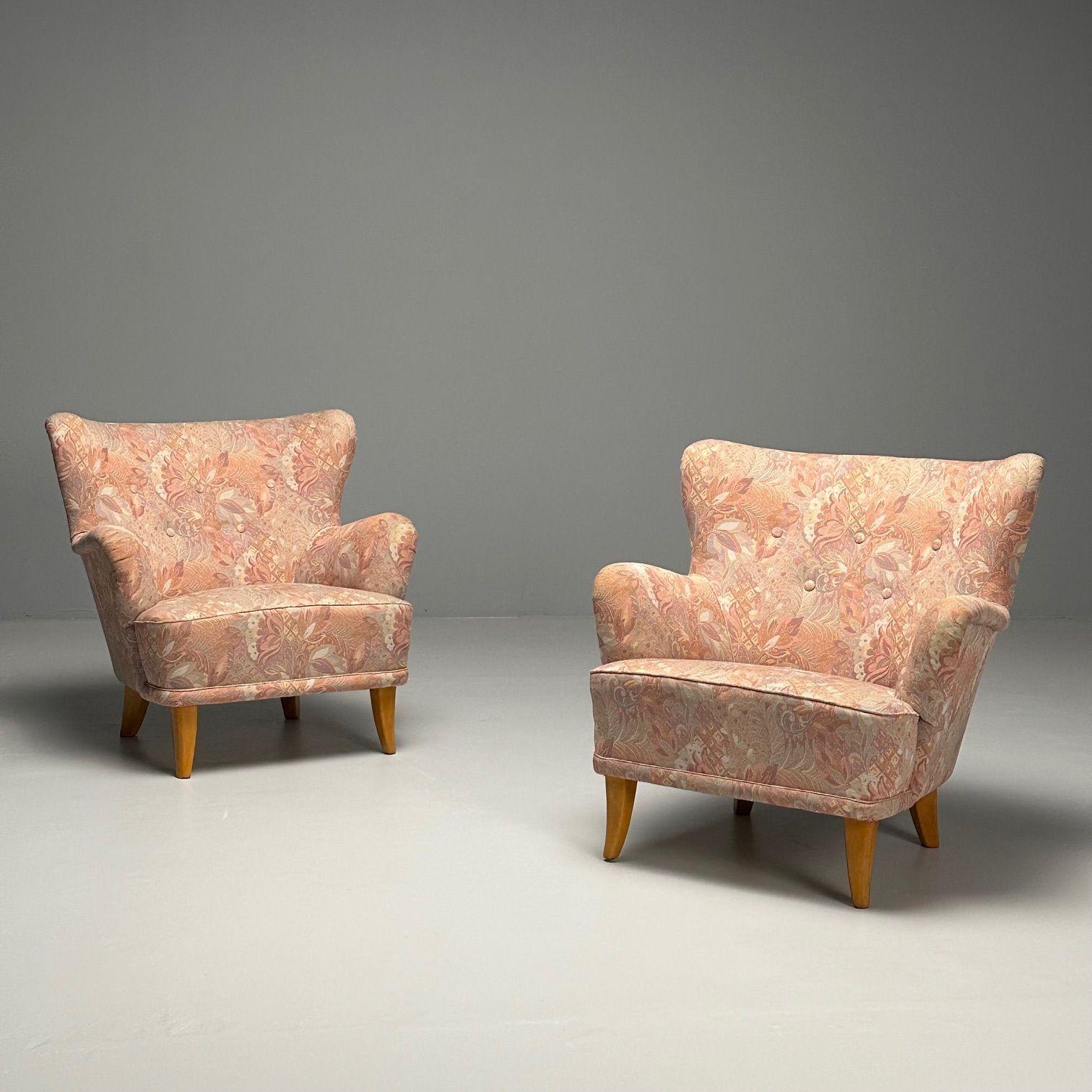 Ilmari Lappalainen, Finnish Mid-Century Modern, Lounge Chairs, Floral Fabric In Good Condition In Stamford, CT