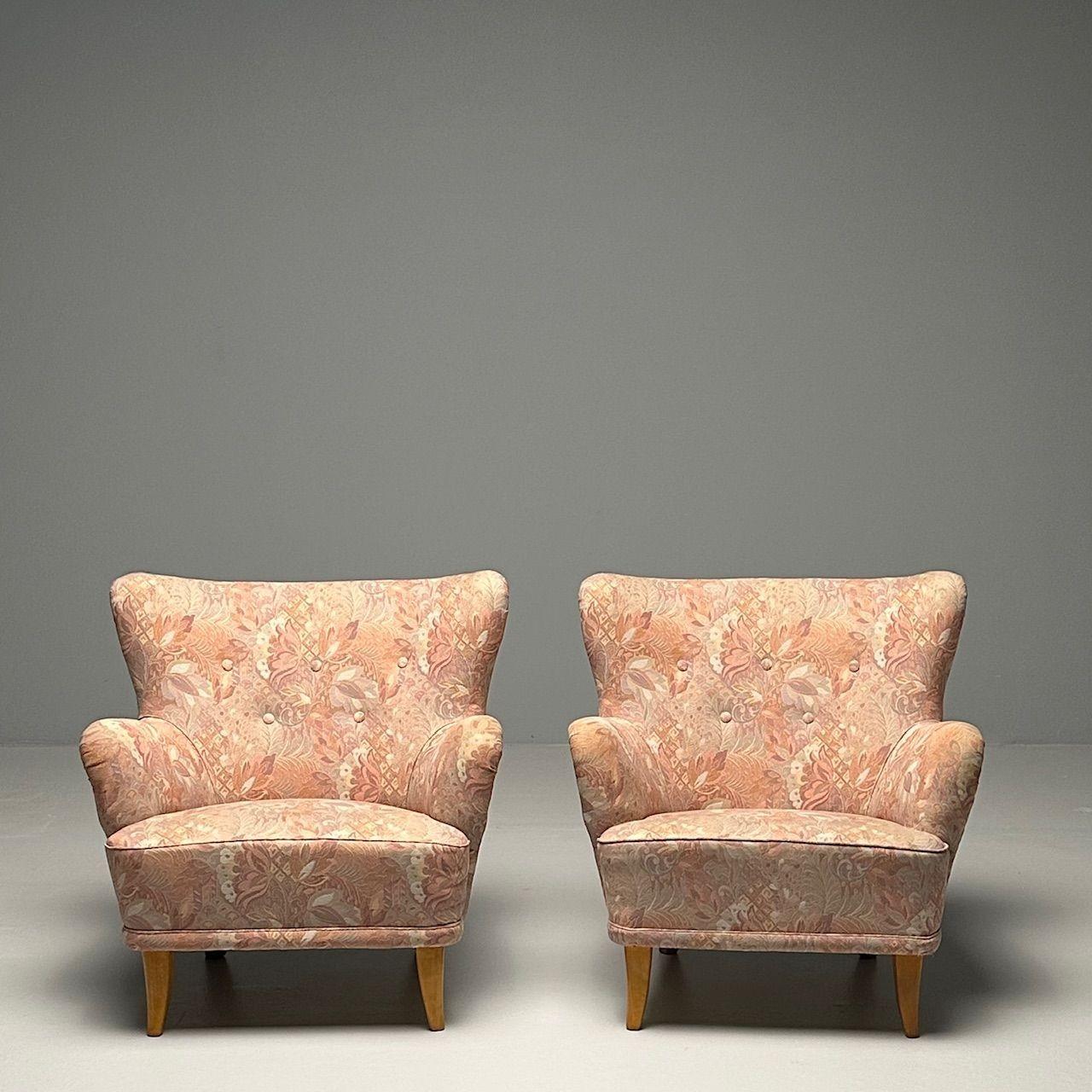 Finlandais Ilmari Lappalainen, finlandais moderne du milieu du siècle dernier, fauteuils de salon, tissu floral en vente