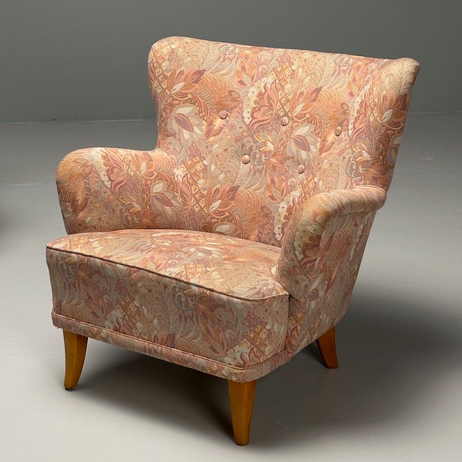 Ilmari Lappalainen, Finnish Mid-Century Modern, Lounge Chairs, Floral Fabric For Sale 3