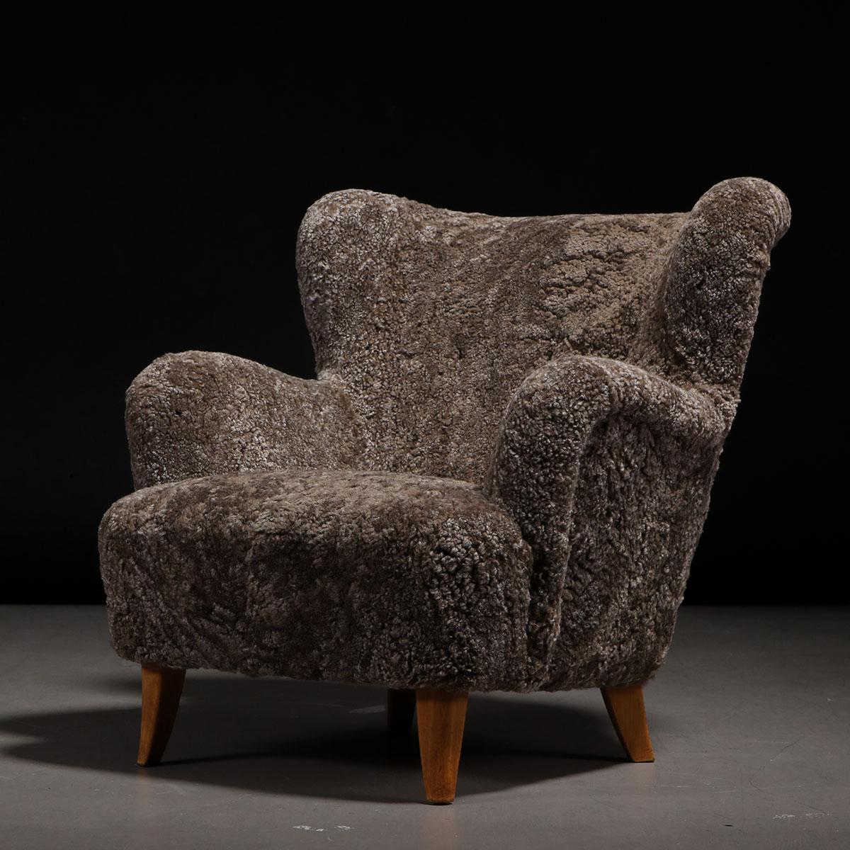 Scandinavo moderno Poltrona 'Laila' in pelle di pecora del Sahara di Ilmari Lappalainen per Asko, anni '50 in vendita