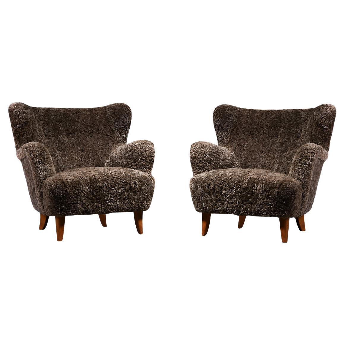 Ilmari Lappalainen for Asko Pair of "Laila" Armchairs in Sheepskin, 1950s