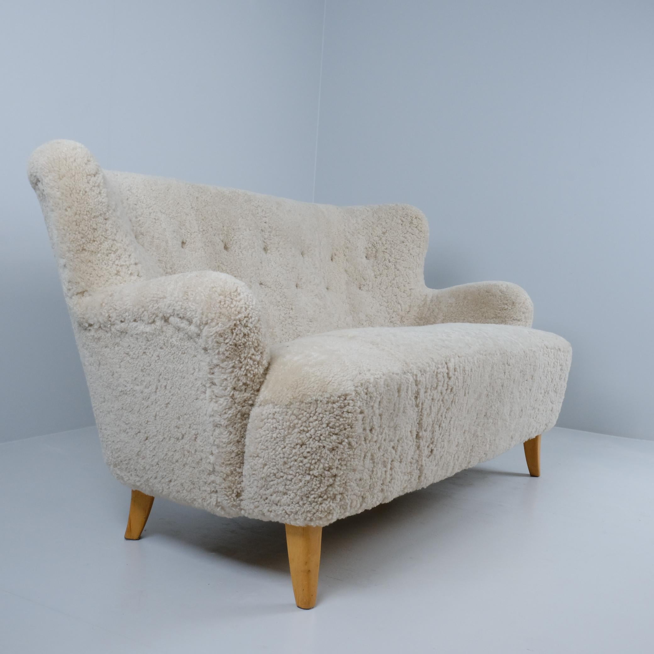 Finnish Ilmari Lappalainen Laila Sofa Model 238 in Sheepskin, Asko 1940s For Sale