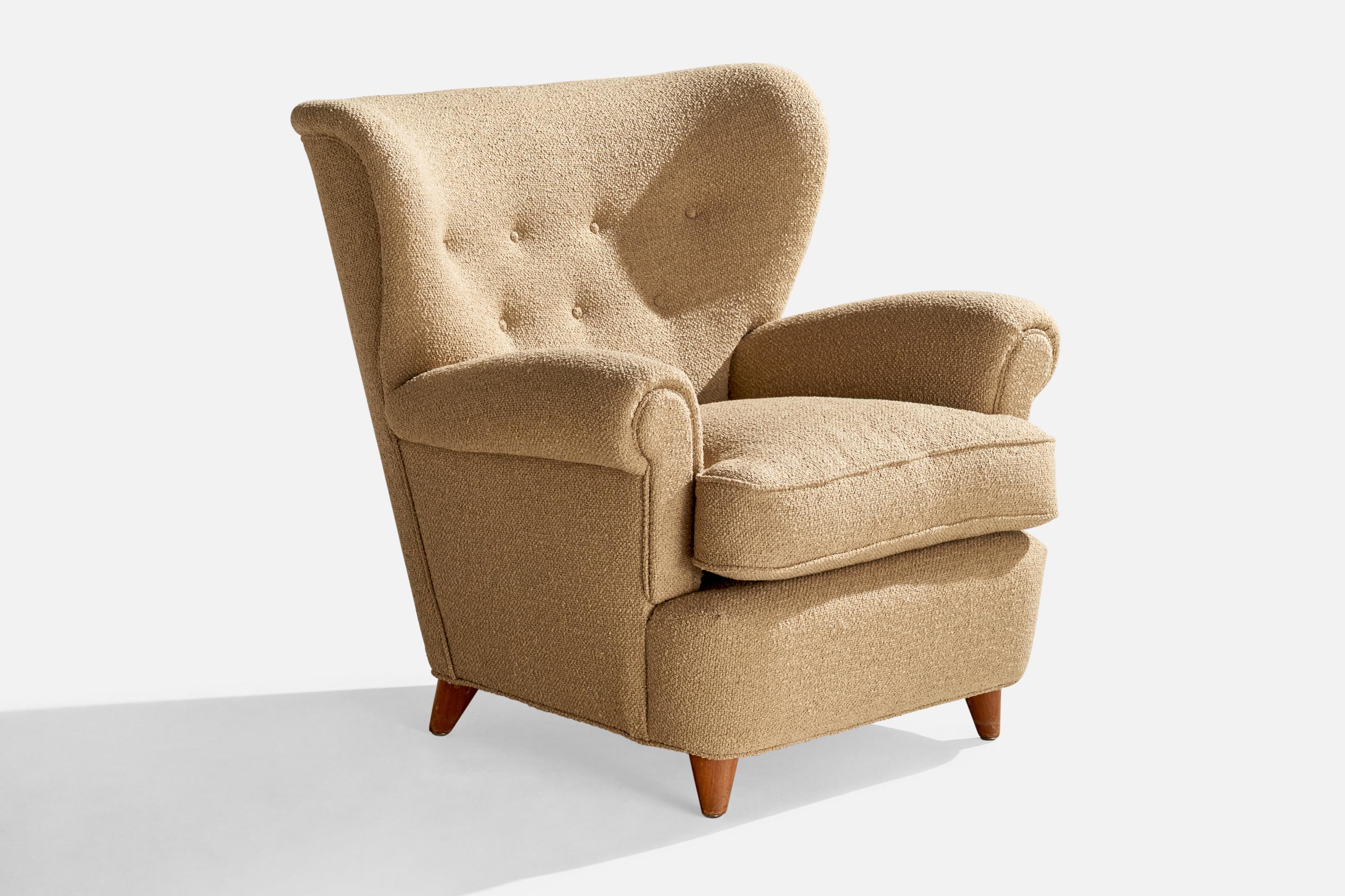 Sillón de abedul teñido de oscuro y tela beige diseñado por Ilmari Lappalainen y fabricado por Asko, Finlandia, c. 1950.

Dimensiones (pulgadas): 33,25 