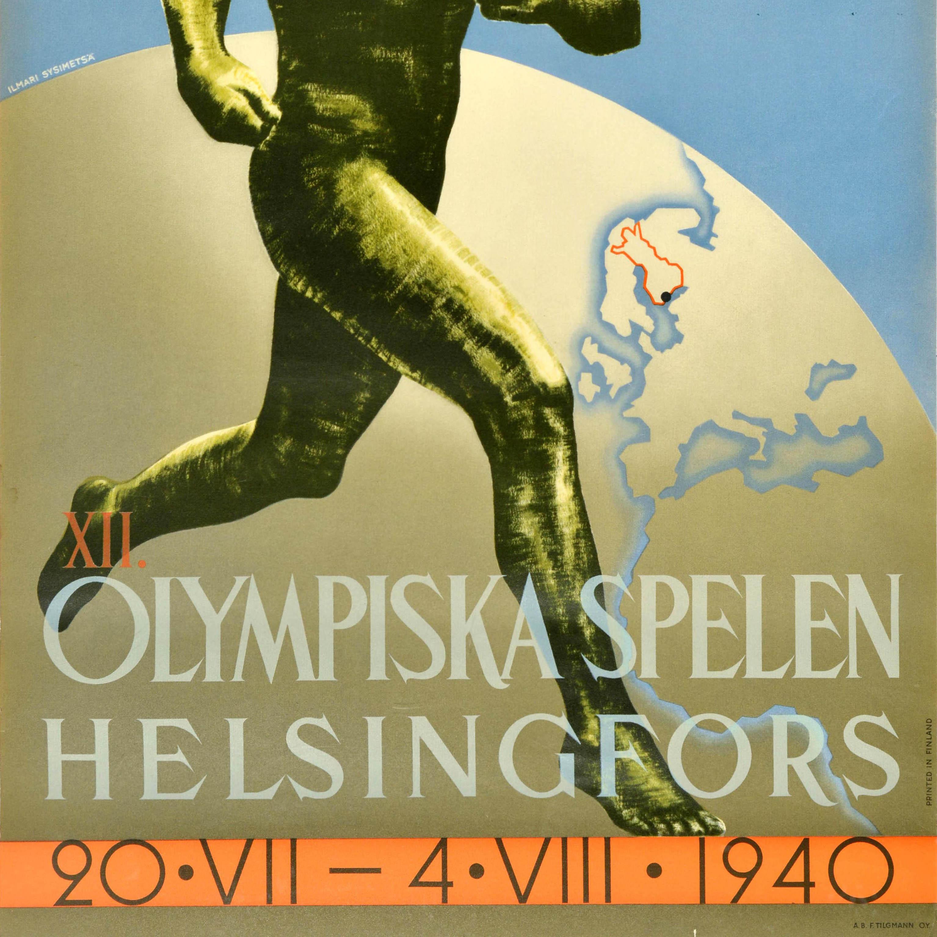 Original-Vintage-Sportplakat, Olympische Spiele Helsinki 1940, Finnland, Sportler (Grau), Print, von Ilmari Sysimetsa