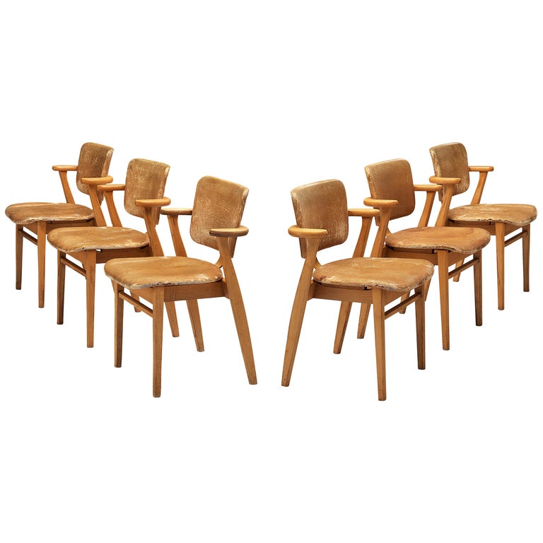 Ilmari Tapiovaara Armchairs 'Domus' in Beech and Patinated Leather For ...