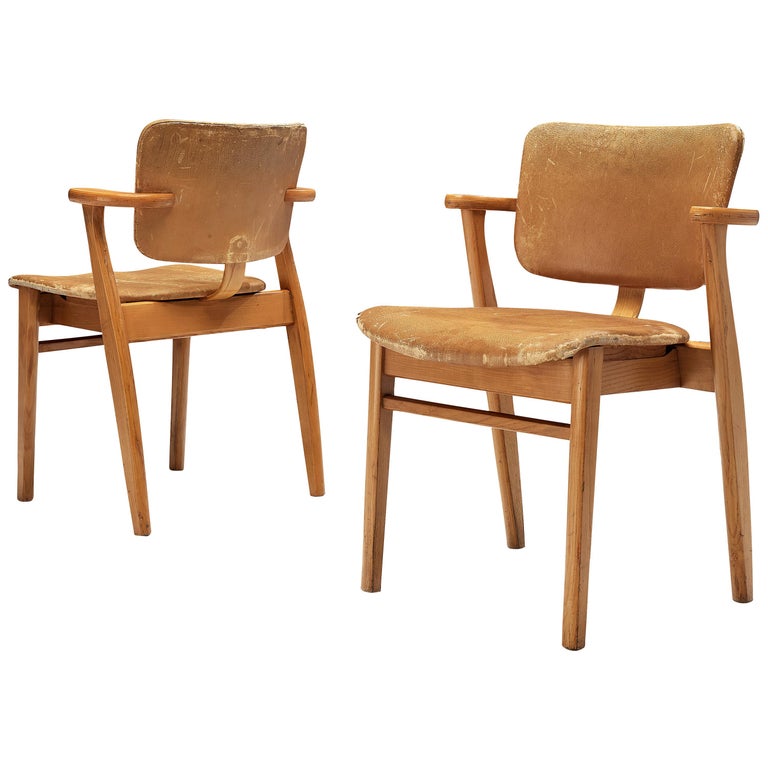 Ilmari Tapiovaara Armchairs 'Domus' in Beech and Patinated Leather For ...