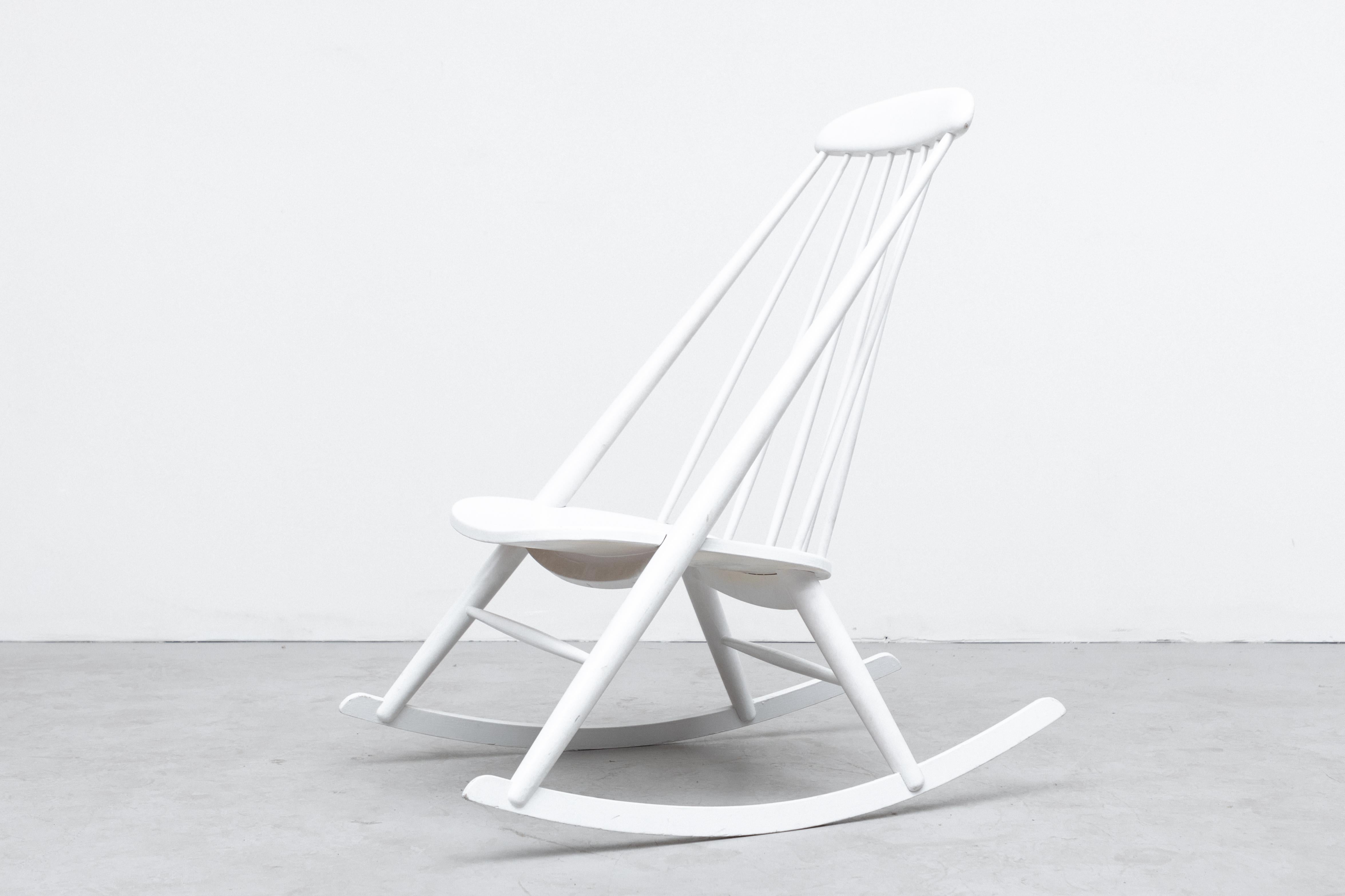 Finnish Ilmari Tapiovaara Attr White Lacquered Rocking Chair For Sale