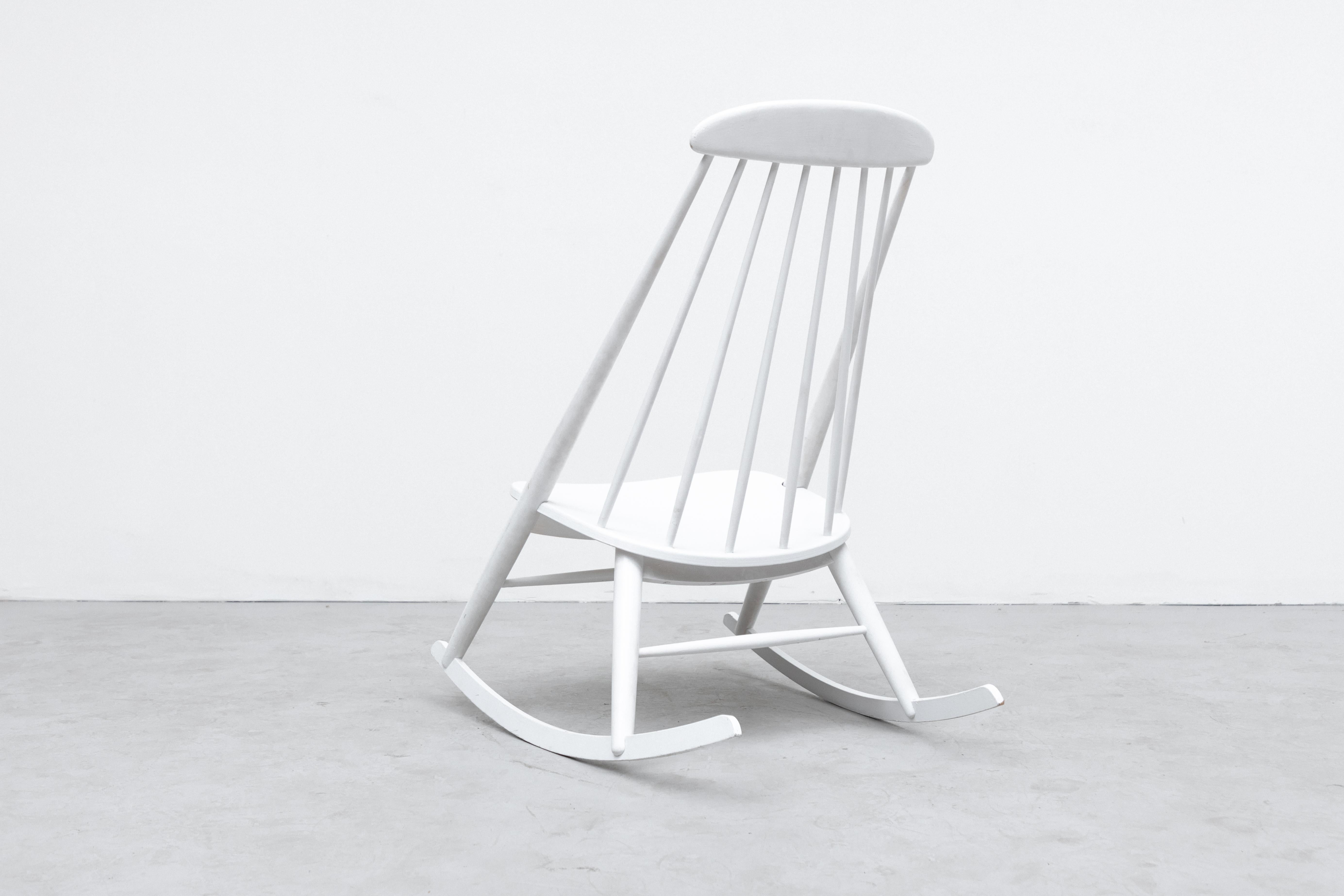 Wood Ilmari Tapiovaara Attr White Lacquered Rocking Chair For Sale