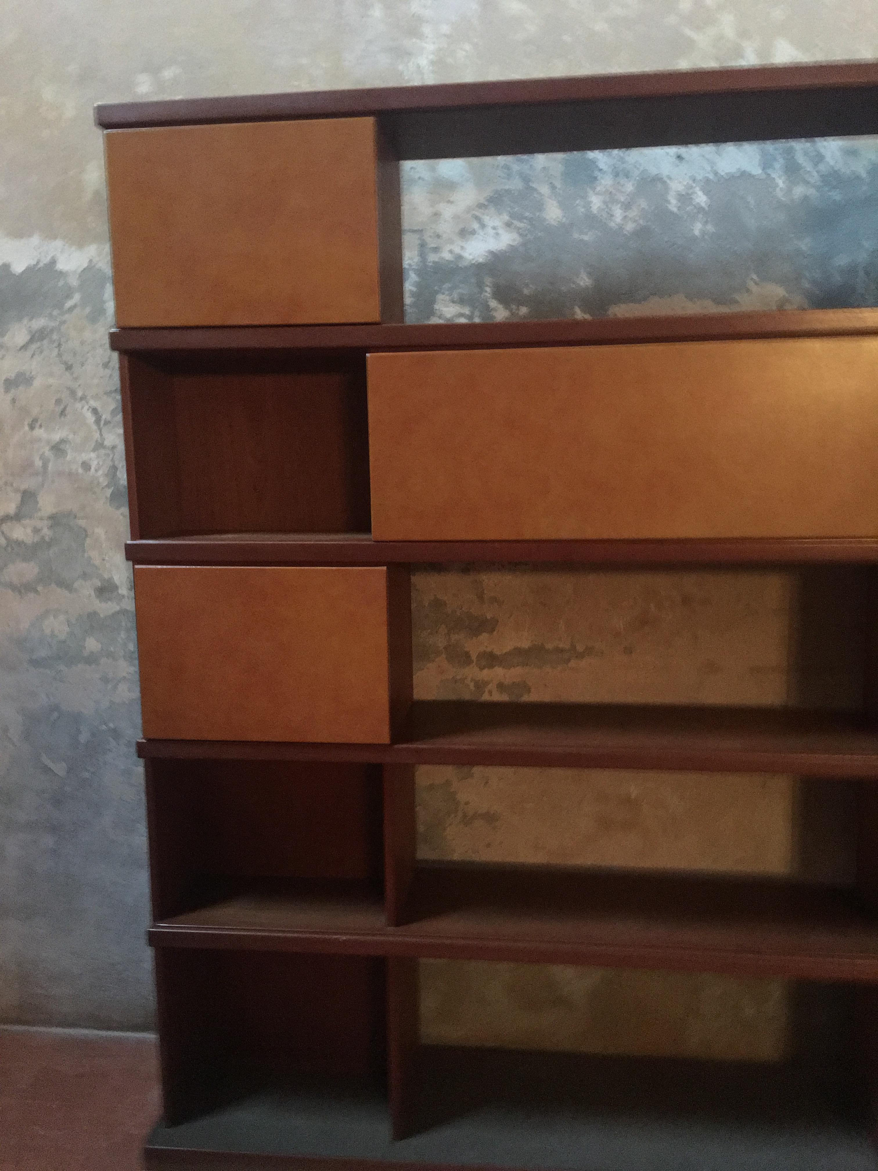 Italian Midcentury Wood and Leather Bookcase 1