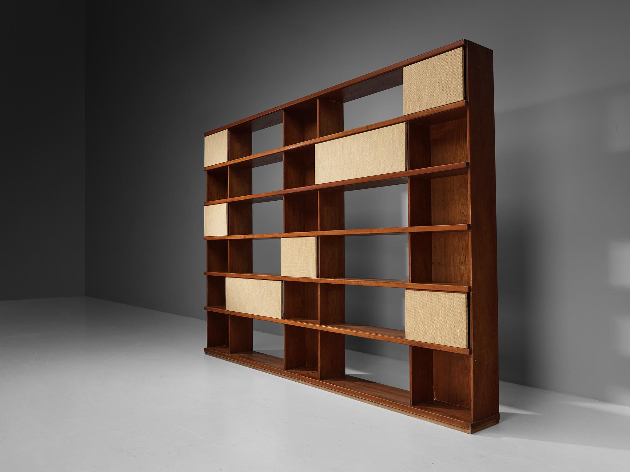 Fabric Ilmari Tapiovaara for La Permanente Mobili Cantù Bookcase in Teak  For Sale