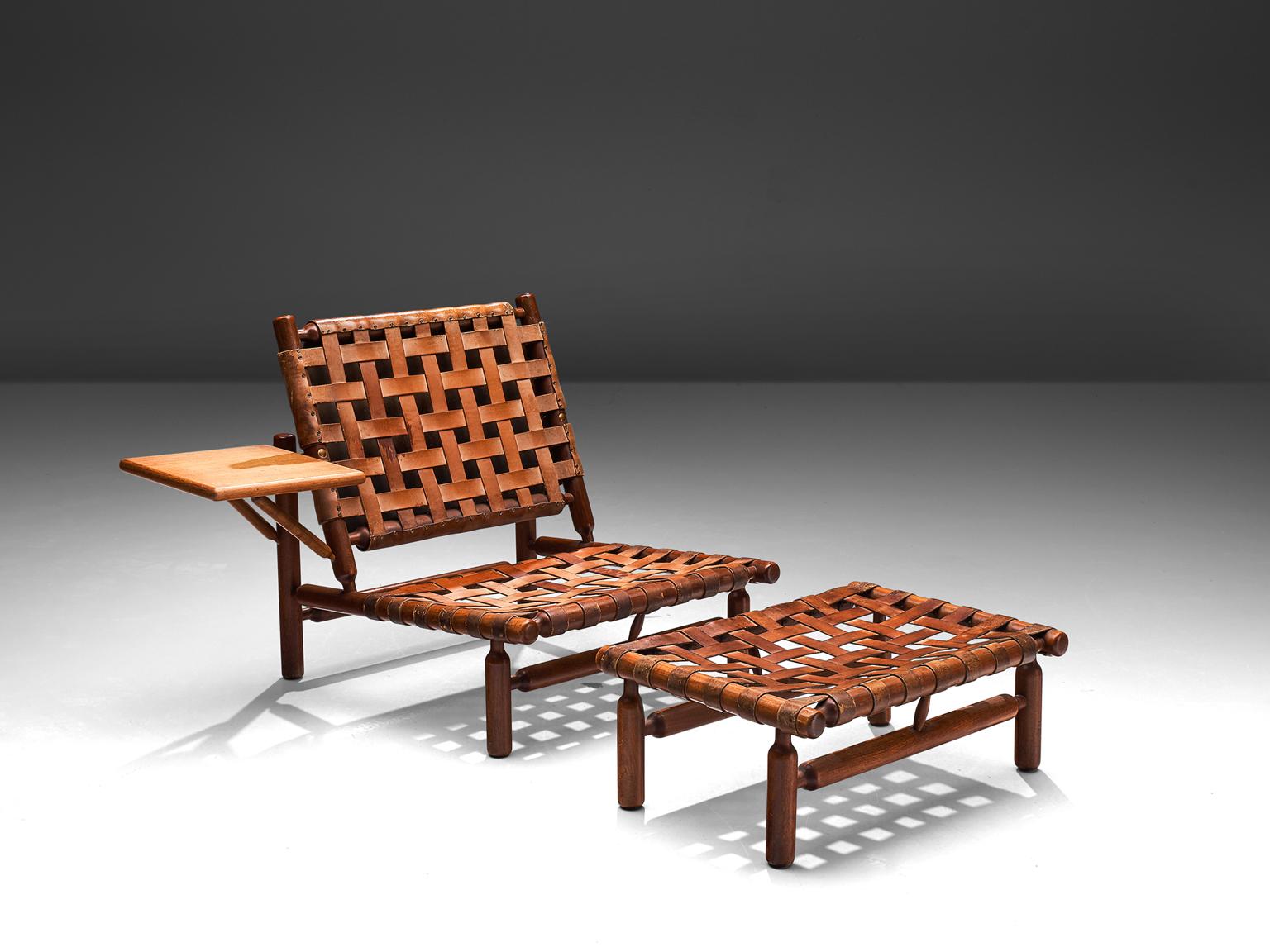Scandinavian Modern Ilmari Tapiovaara Leather Lounge Chair and Ottoman with Velvet Cushions