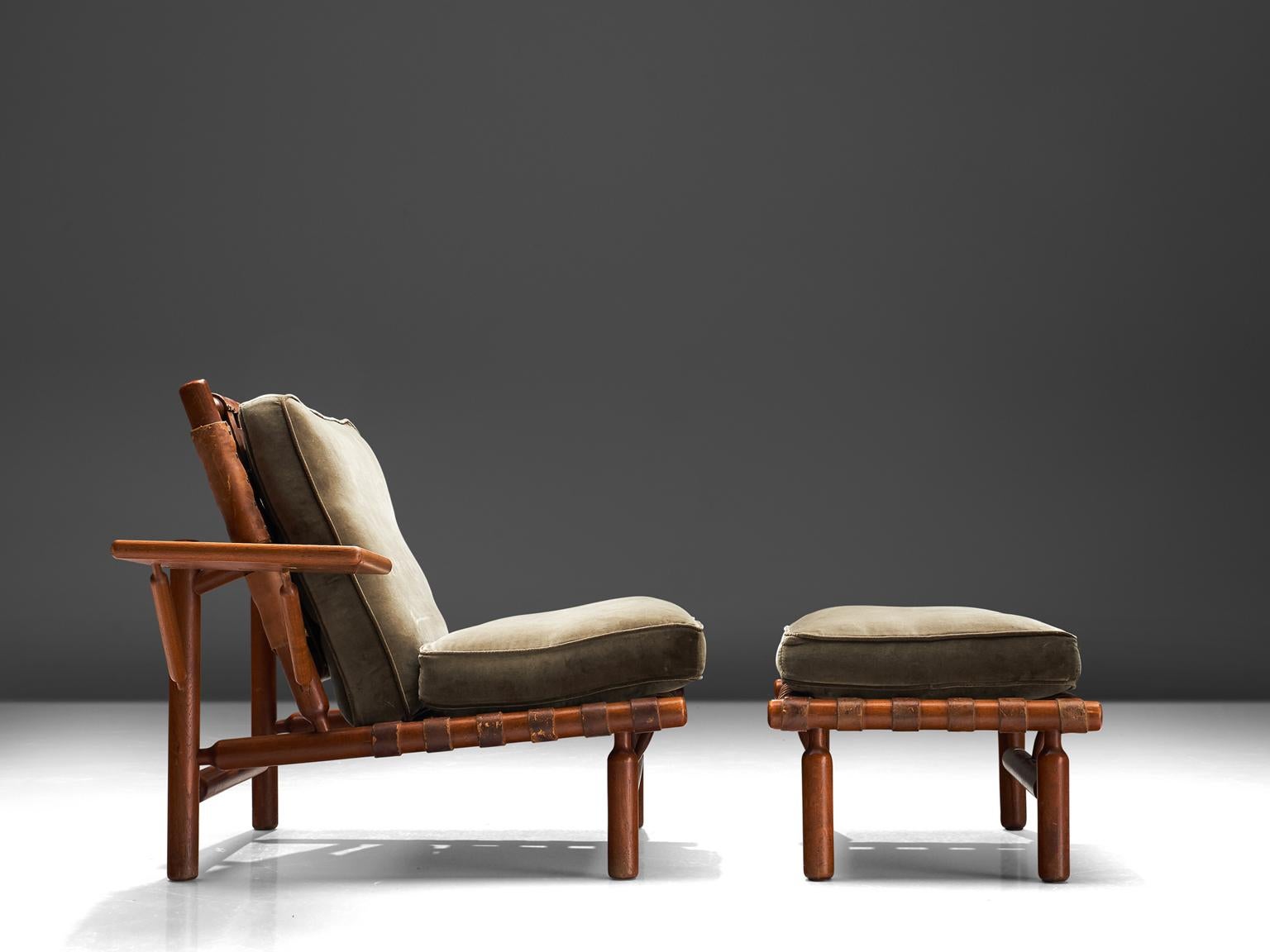 Italian Ilmari Tapiovaara Leather Lounge Chair and Ottoman with Velvet Cushions