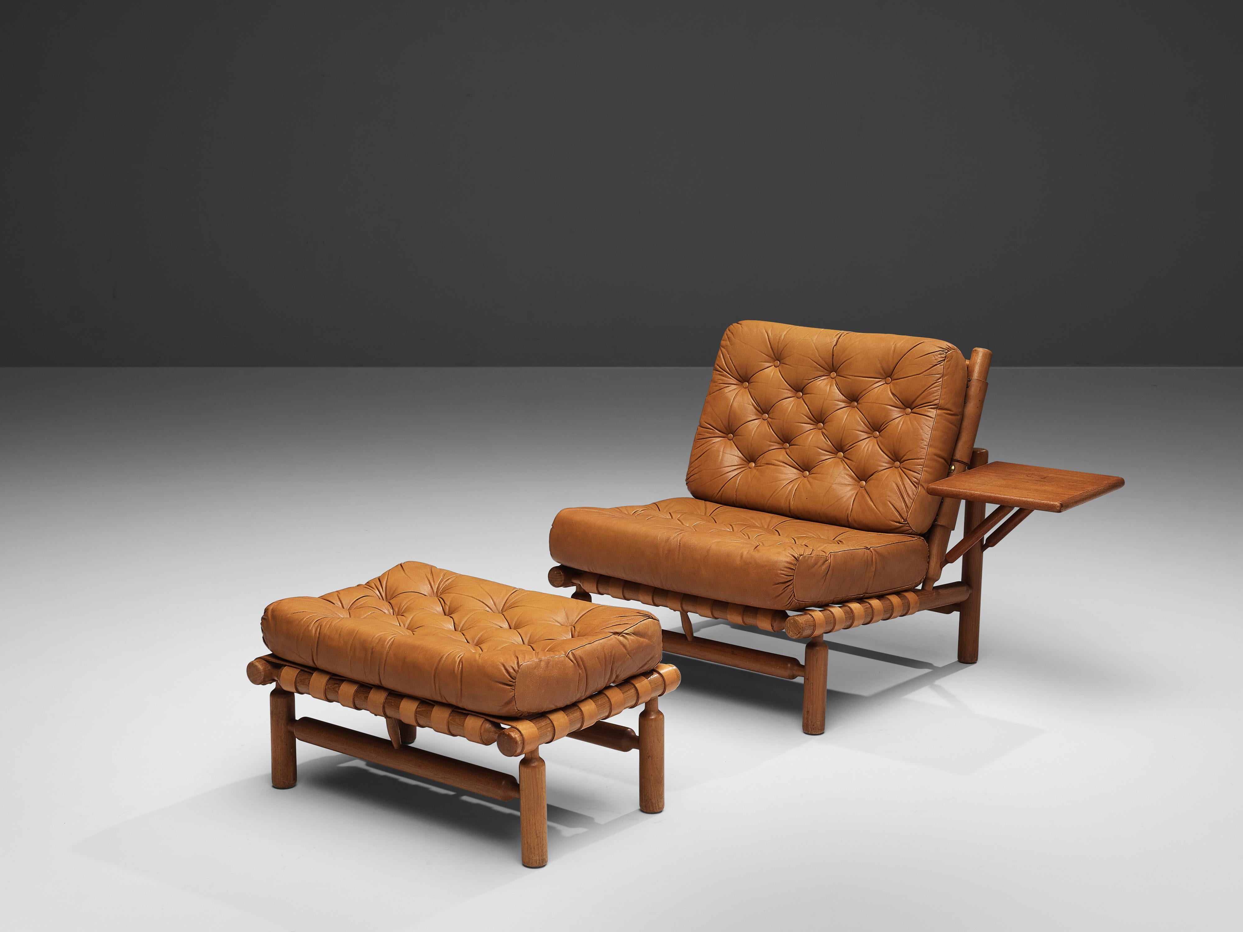 Ilmari Tapiovaara Lounge Chair with Ottoman in Cognac Leather In Good Condition In Waalwijk, NL
