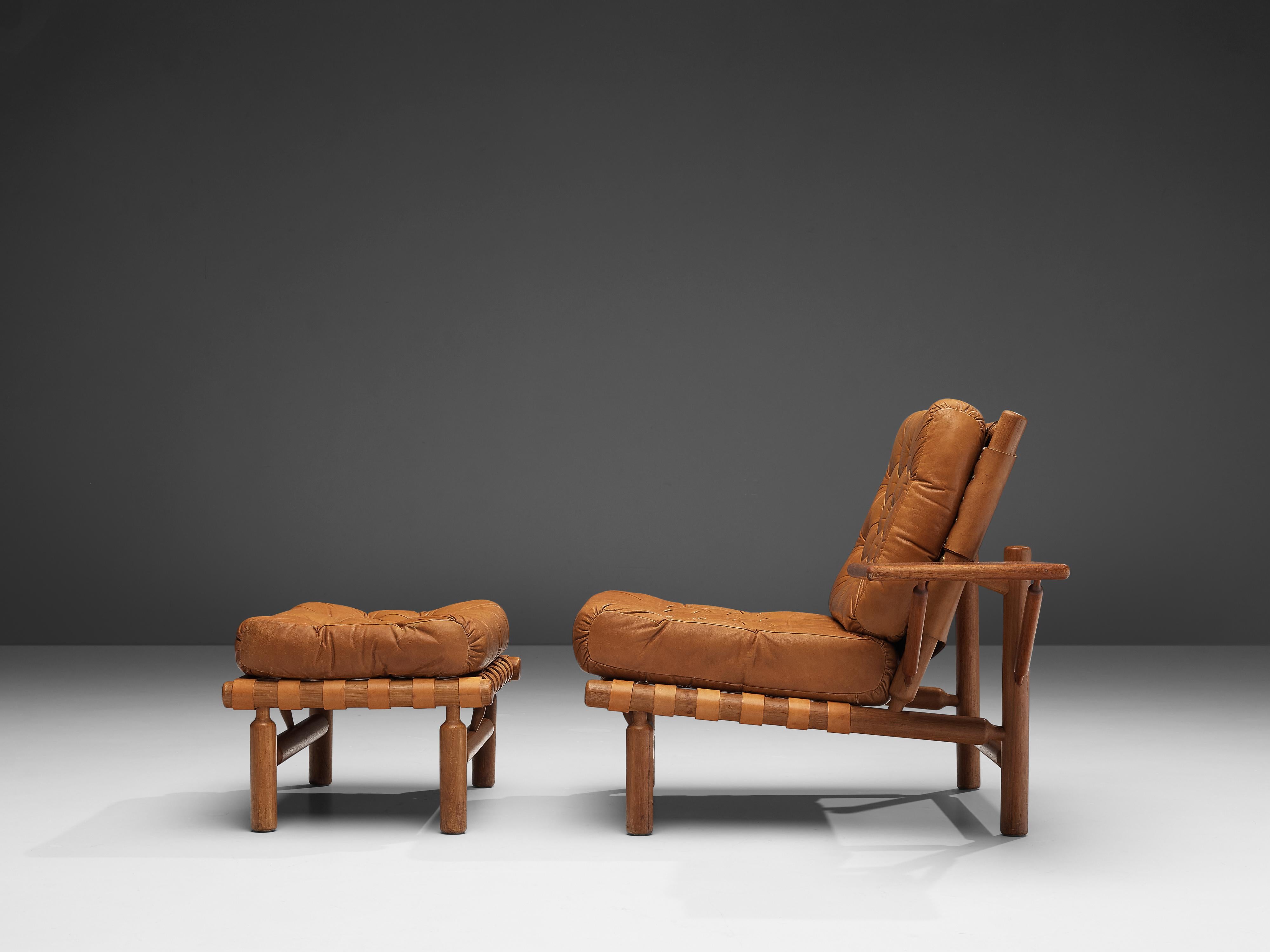 Brass Ilmari Tapiovaara Lounge Chair with Ottoman in Cognac Leather