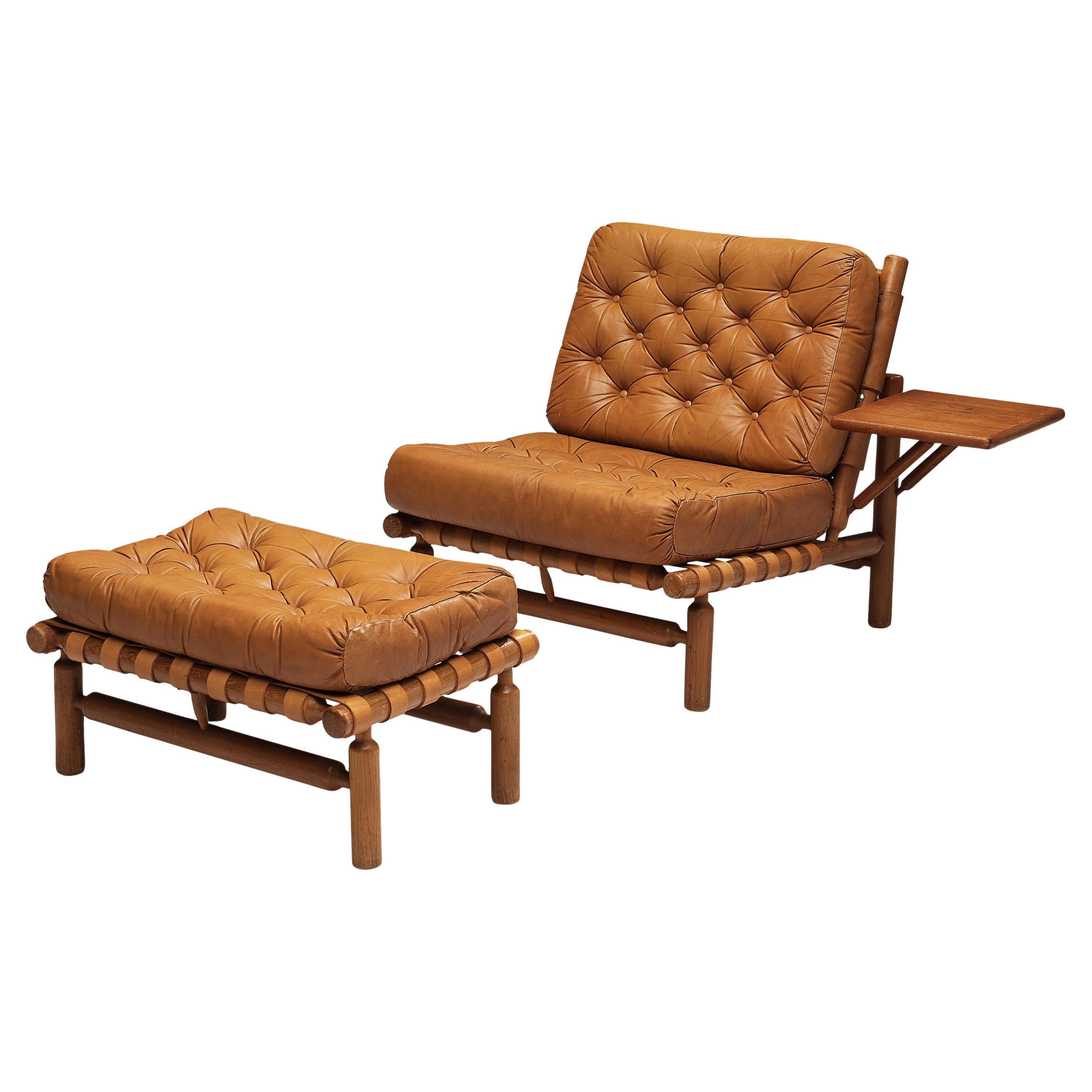 Ilmari Tapiovaara Lounge Chair with Ottoman in Cognac Leather