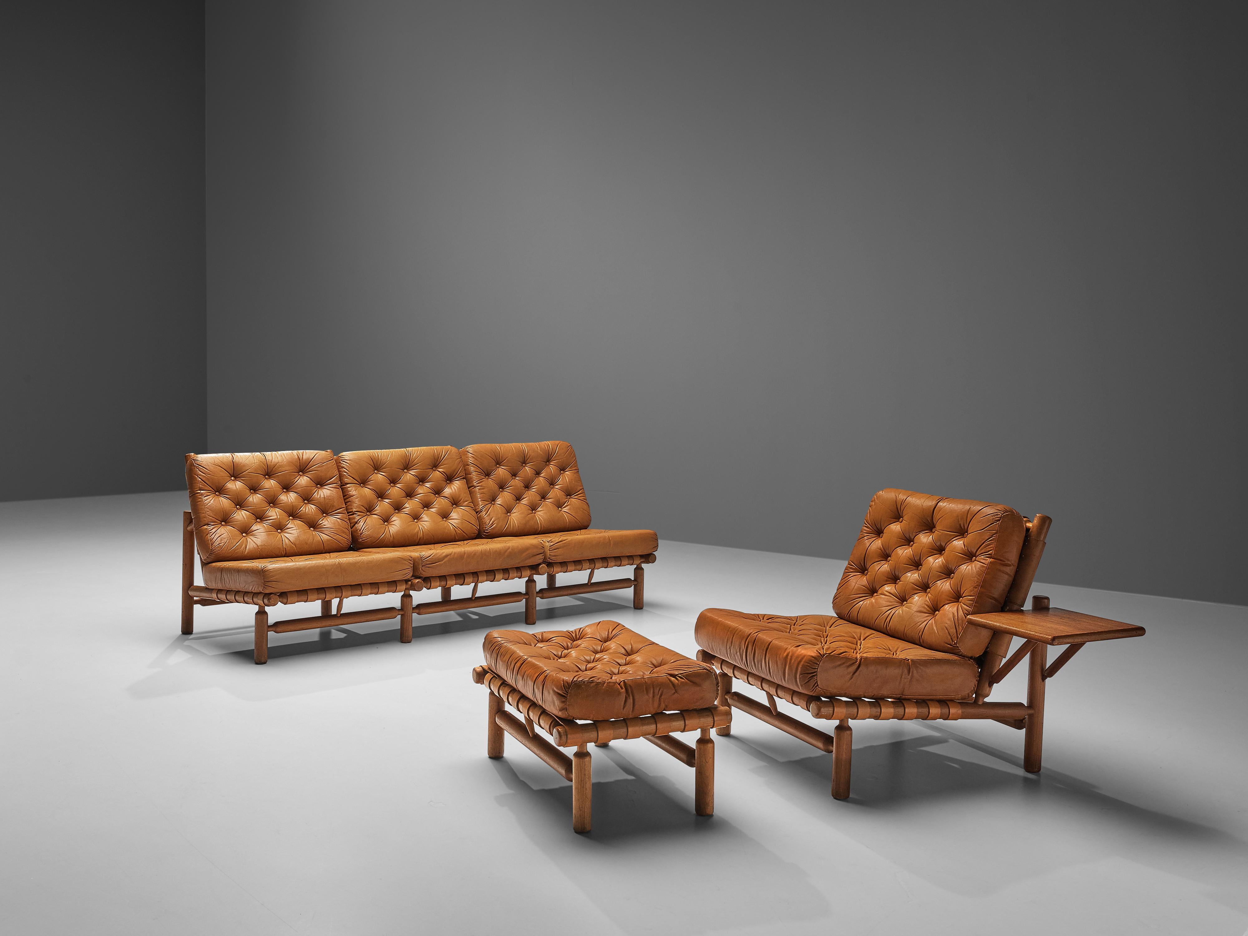 Finnish Ilmari Tapiovaara Sectional Sofa and Ottoman in Cognac Leather