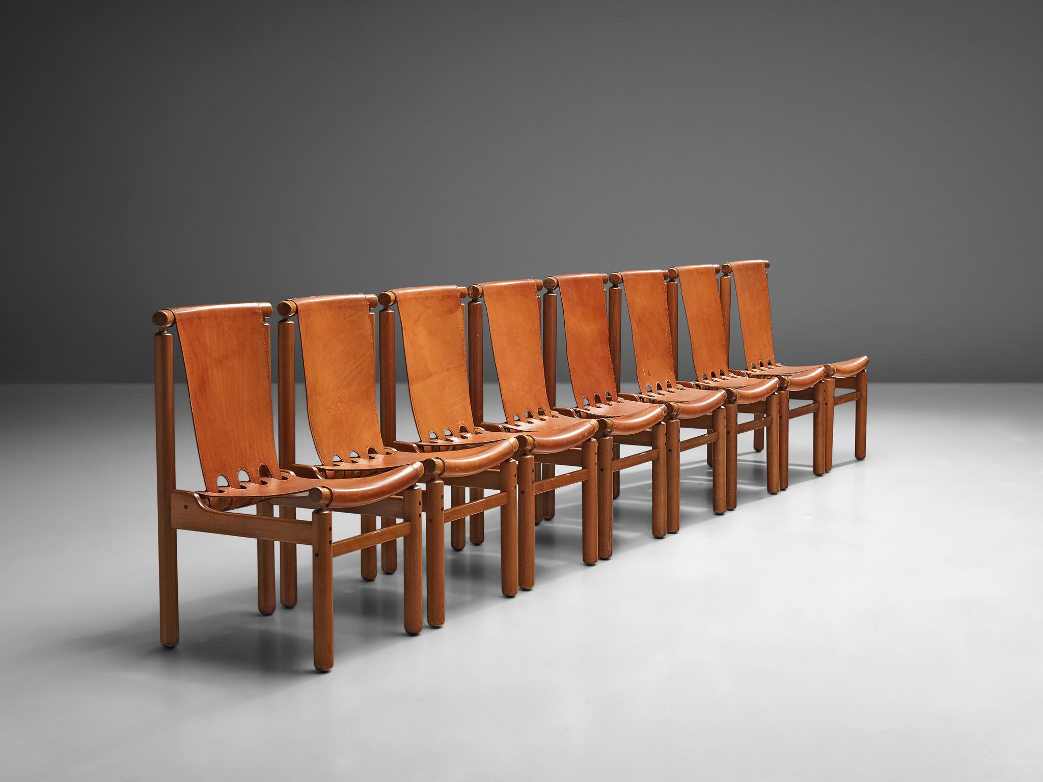 Finnish Ilmari Tapiovaara Set of Eight Dining Chairs in Cognac Leather