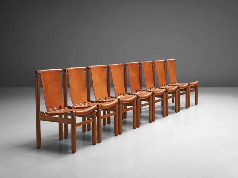 Ilmari Tapiovaara Set of Eight Dining Chairs in Cognac Leather at 1stDibs