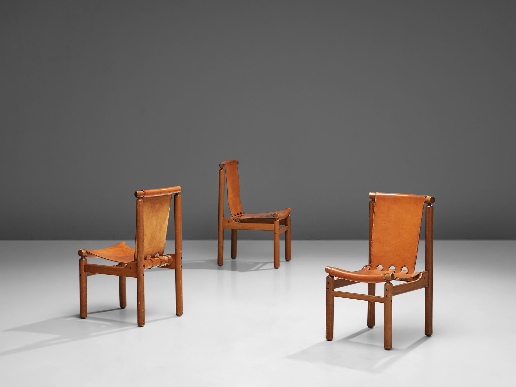 Beech Ilmari Tapiovaara Set of Eight Dining Chairs in Cognac Leather