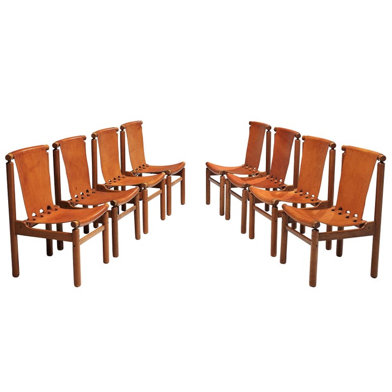 Ilmari Tapiovaara Set of Eight Dining Chairs in Cognac Leather at 1stDibs