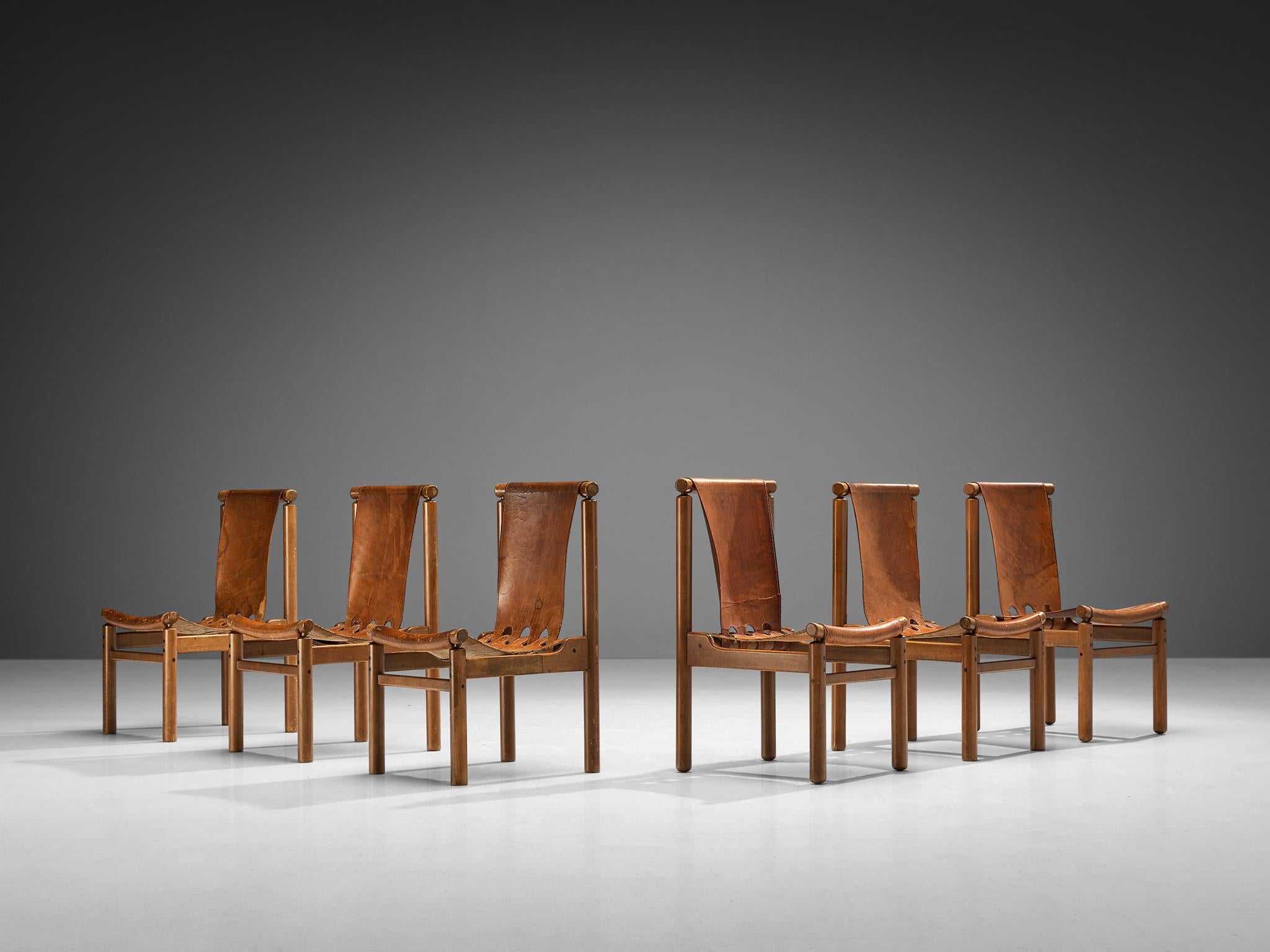 Mid-Century Modern Ilmari Tapiovaara Set of Six Dining Chairs in Cognac Leather