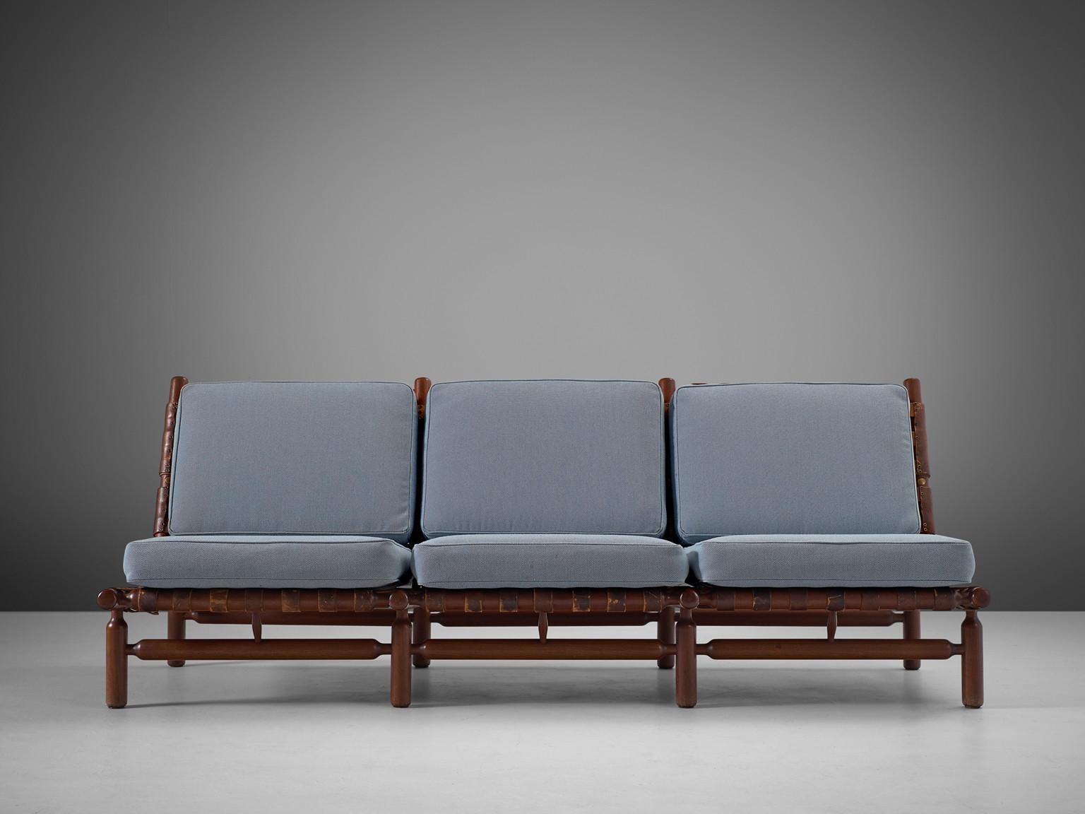 Fabric Ilmari Tapiovaara Sofa in Cognac Brown Leather and Light Blue Upholstery  For Sale