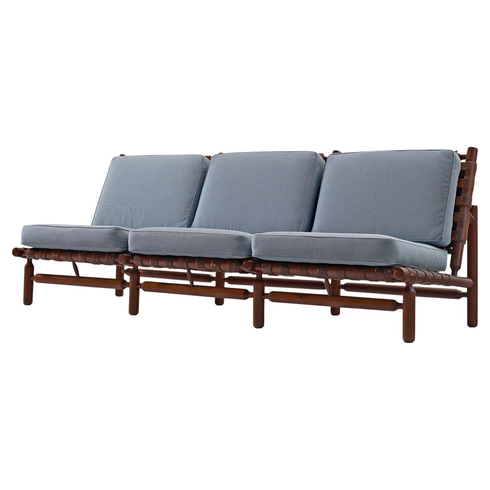 Ilmari Tapiovaara Sofa in Cognac Brown Leather and Light Blue Upholstery  For Sale