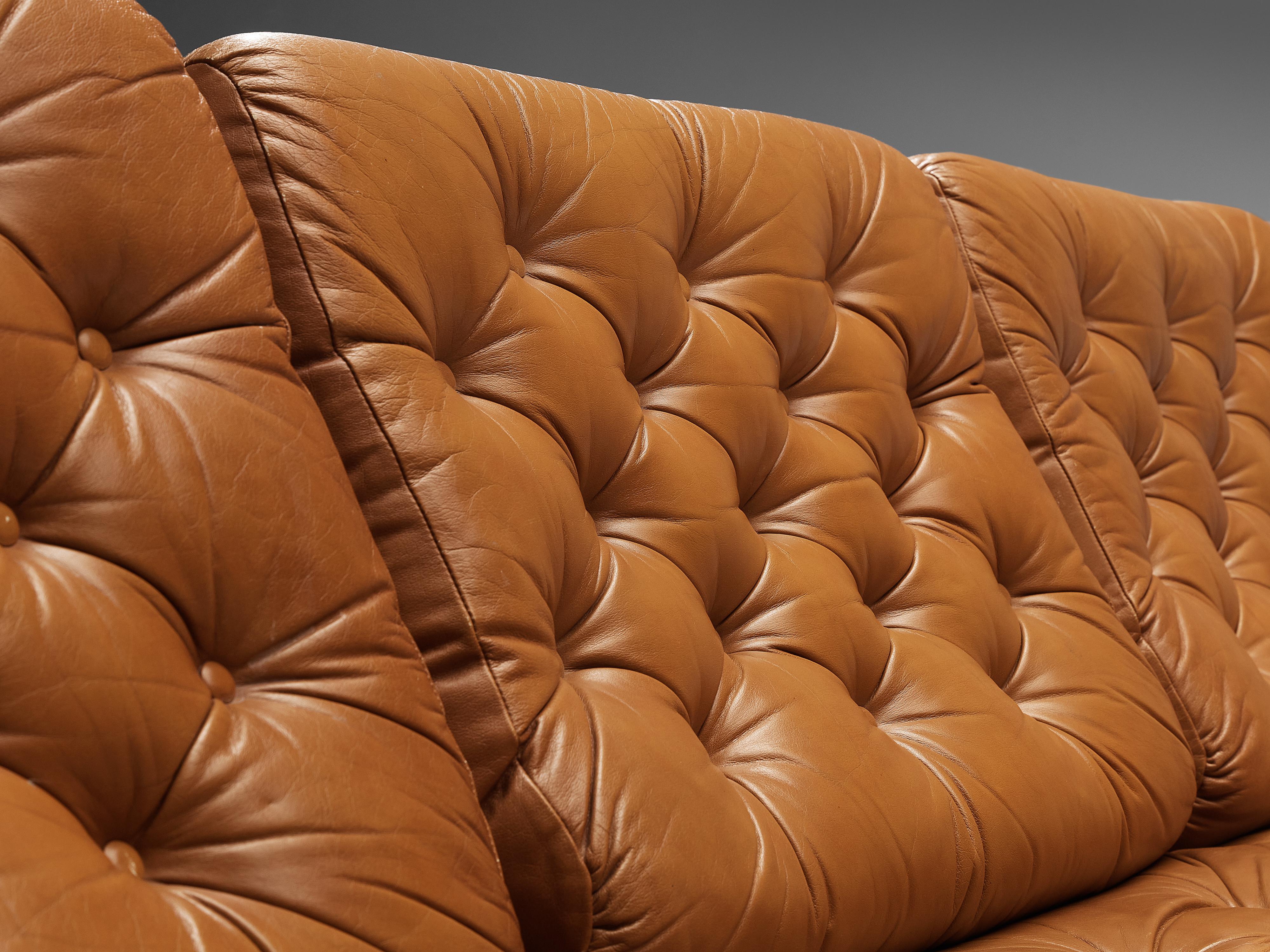 Brass Ilmari Tapiovaara Sofa in Cognac Leather