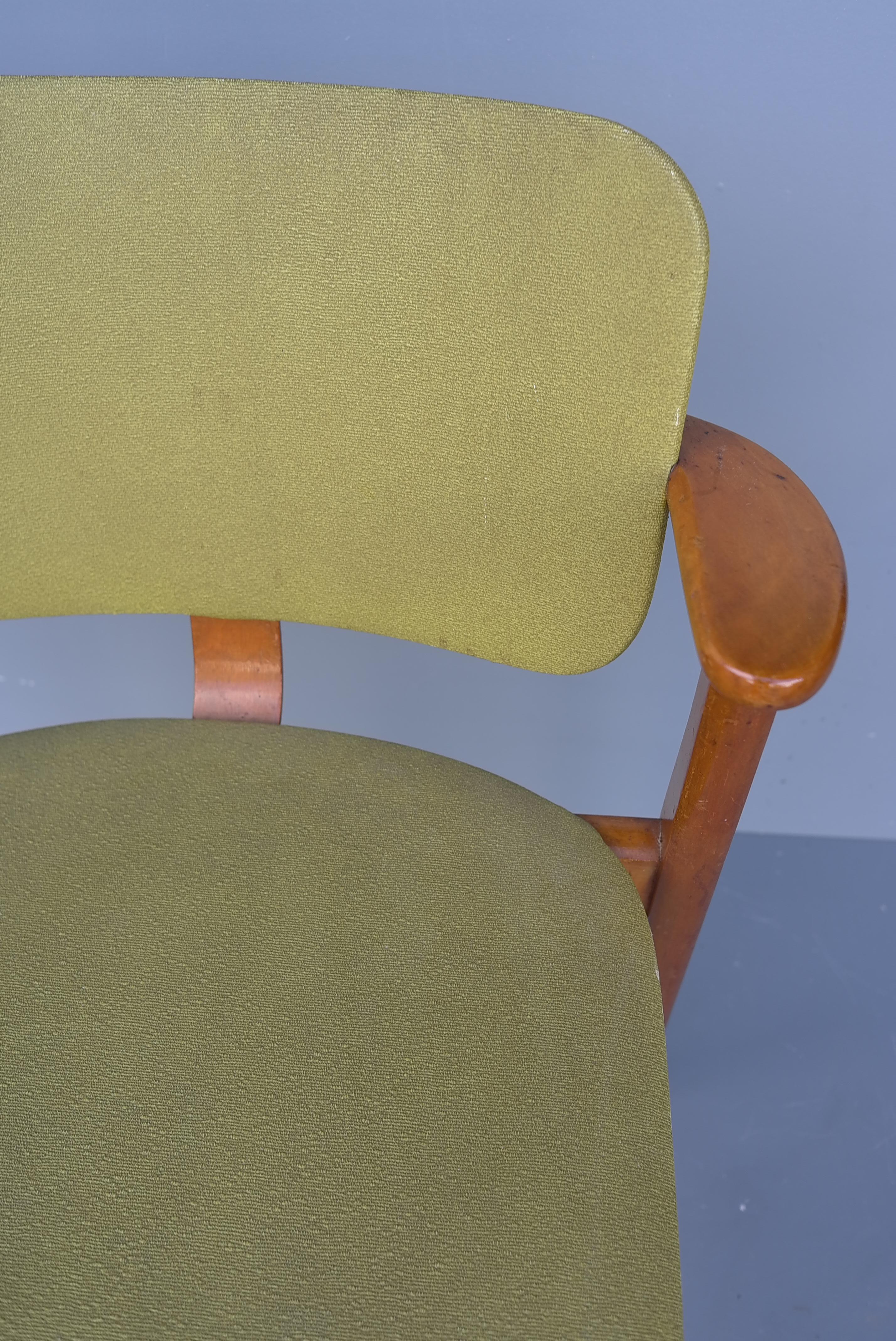 Mid-Century Modern Ilmari Tapiovaara Wooden Domus Armchair, Green Faux Leather, Finland 1950's For Sale