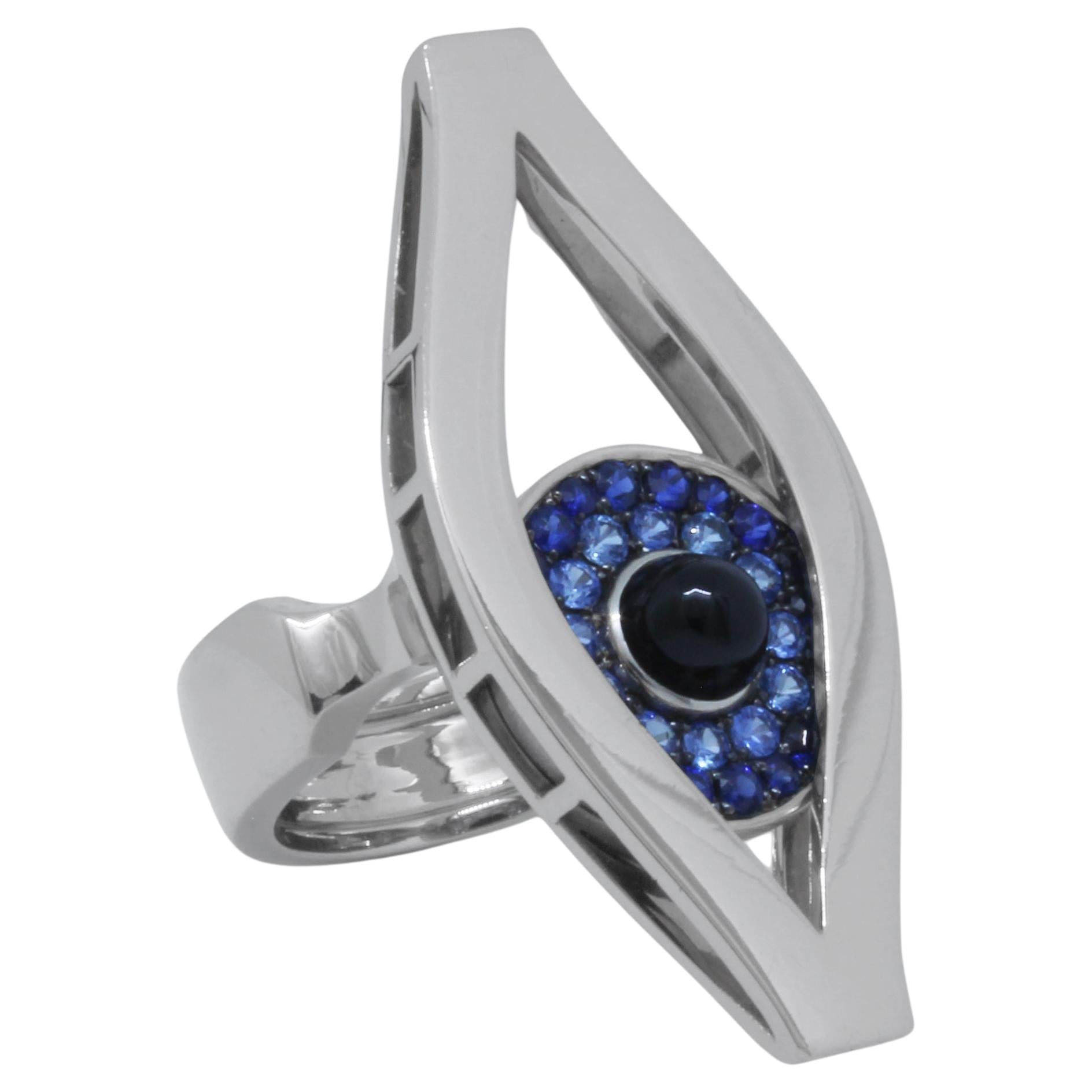 Coctail Ring Third Eye White Gold Blue Sapphires and Onyx For Sale