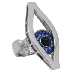 Coctail Ring Third Eye White Gold Blue Sapphires and Onyx