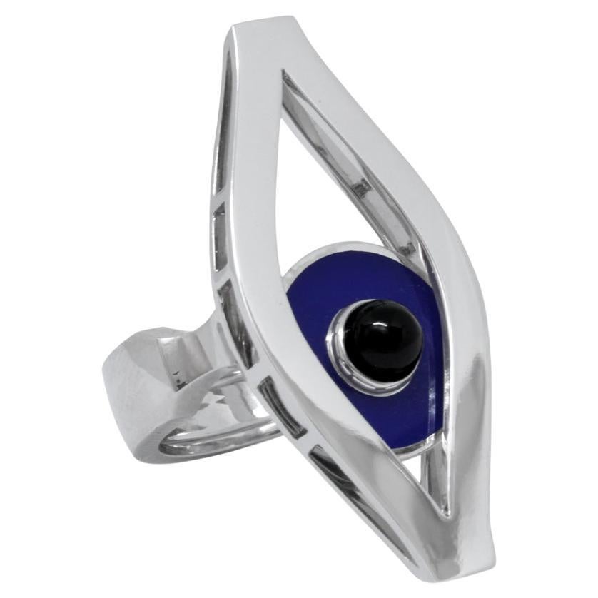 Ring Third Eye in White Gold and Blue Lacquer Kinetic Jewelry