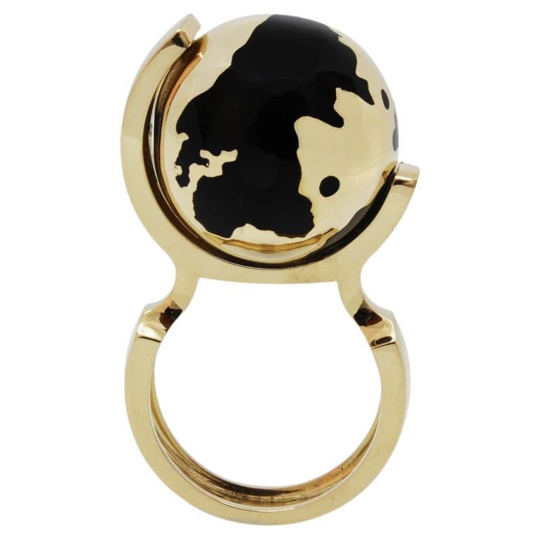 For Sale:  Ilona Orel Yellow Gold Lacquer Coctail Kinetik Spinning Globe Ring World Famous