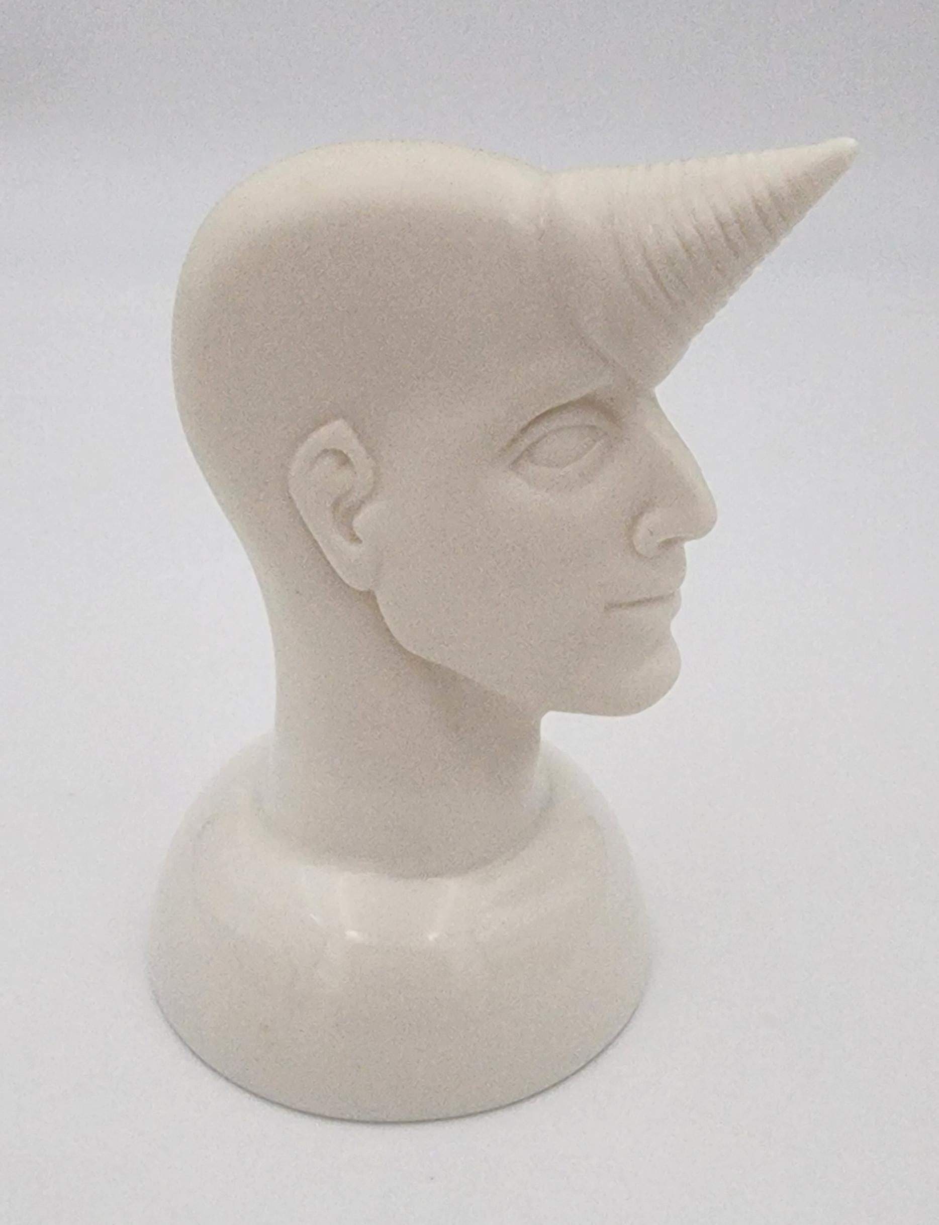 Ilona Romule Figurative Sculpture - Male Head with Stylized Horn (Porcelain, Latvia, Sculpture, Smooth Texture)
