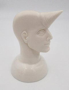 Male Head with Stylized Horn (Porcelain, Latvia, Sculpture, Smooth Texture)