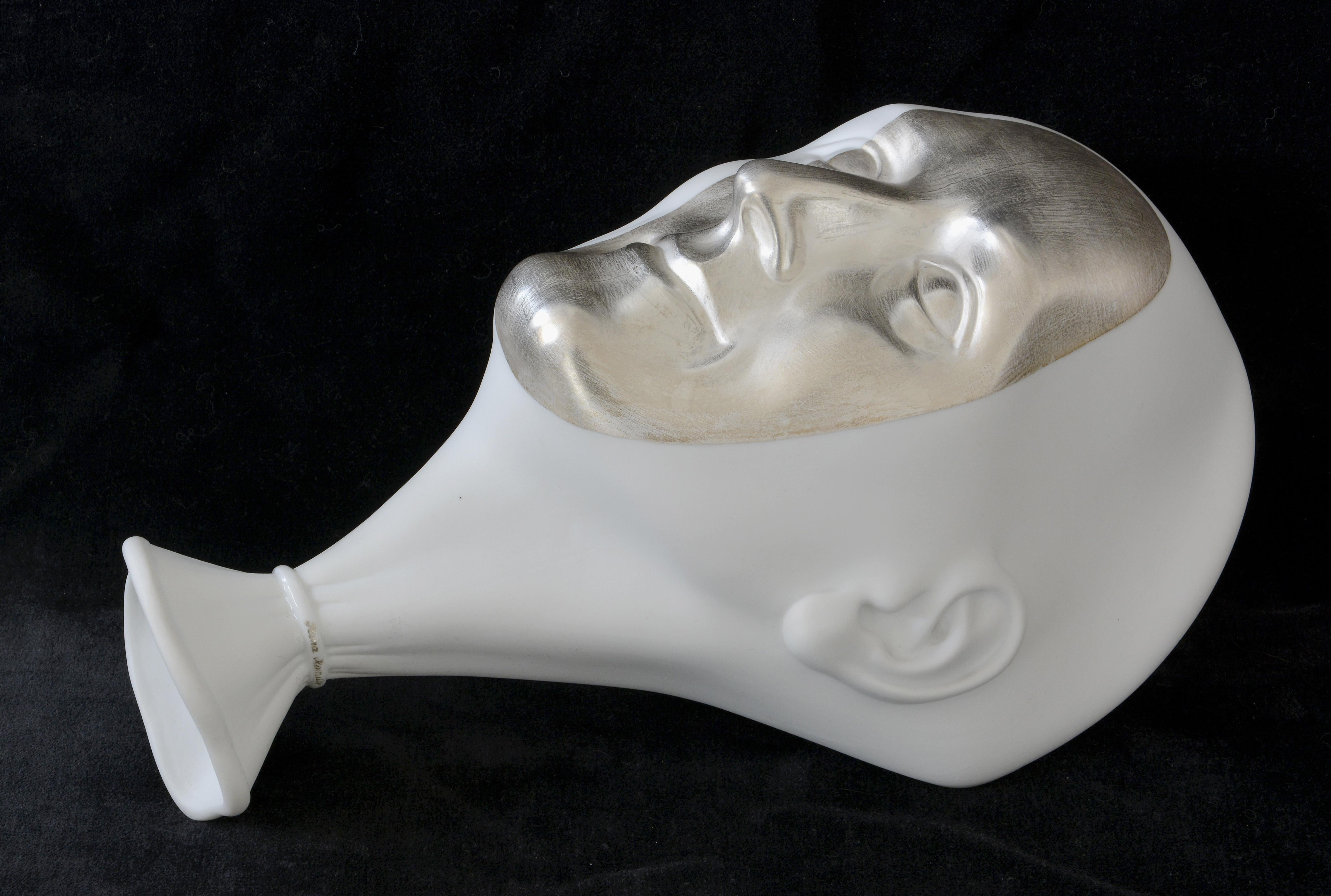 Wall Decor - a silver mask  Porcelain, silver, h 26 cm - Sculpture by Ilona Romule
