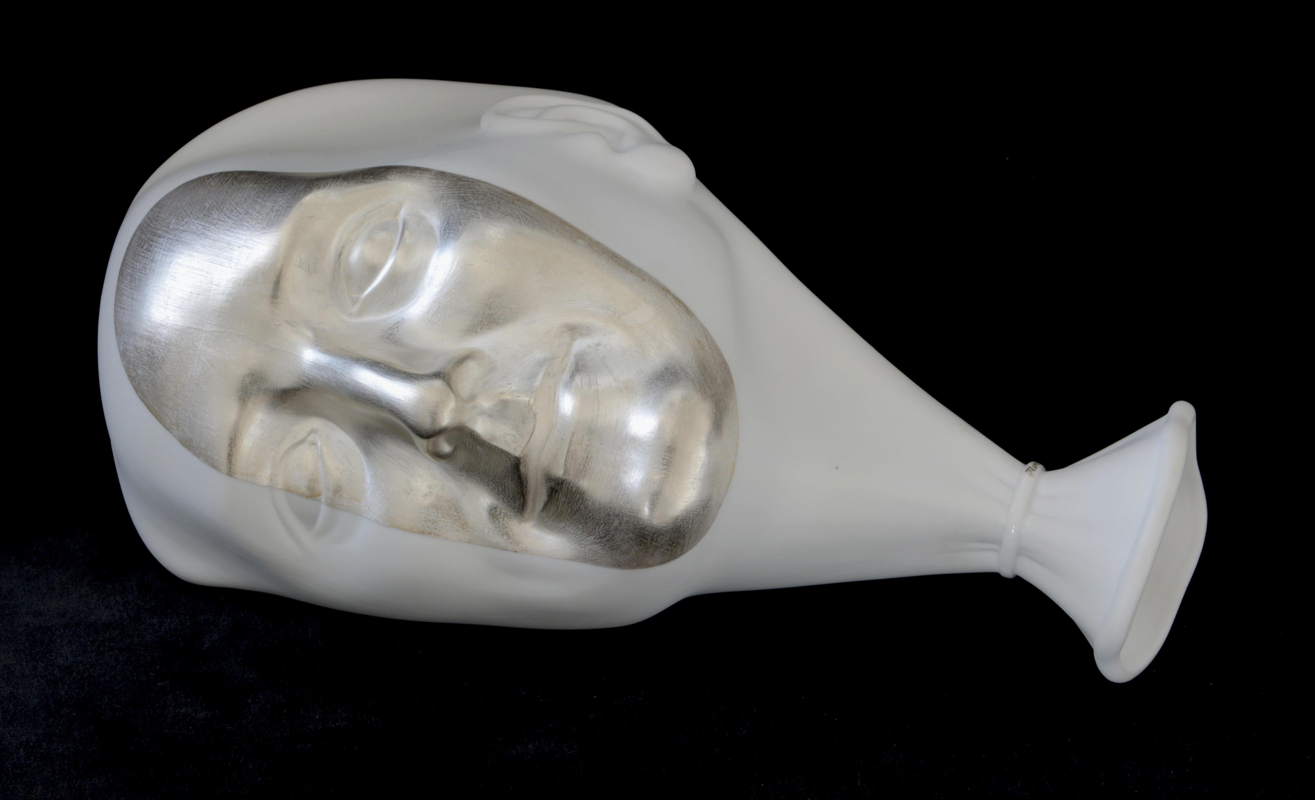 Ilona Romule Figurative Sculpture - Wall Decor - a silver mask  Porcelain, silver, h 26 cm