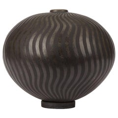 Vintage Ilona Sulikova Raku Fired Black Linear Pattern Studio Pottery Vase, 20th Century