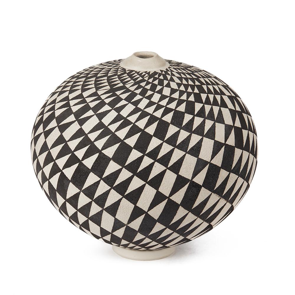 Glazed Ilona Sulikova Raku Fired Monochrome Geometric Studio Pottery Vase, 20th Century