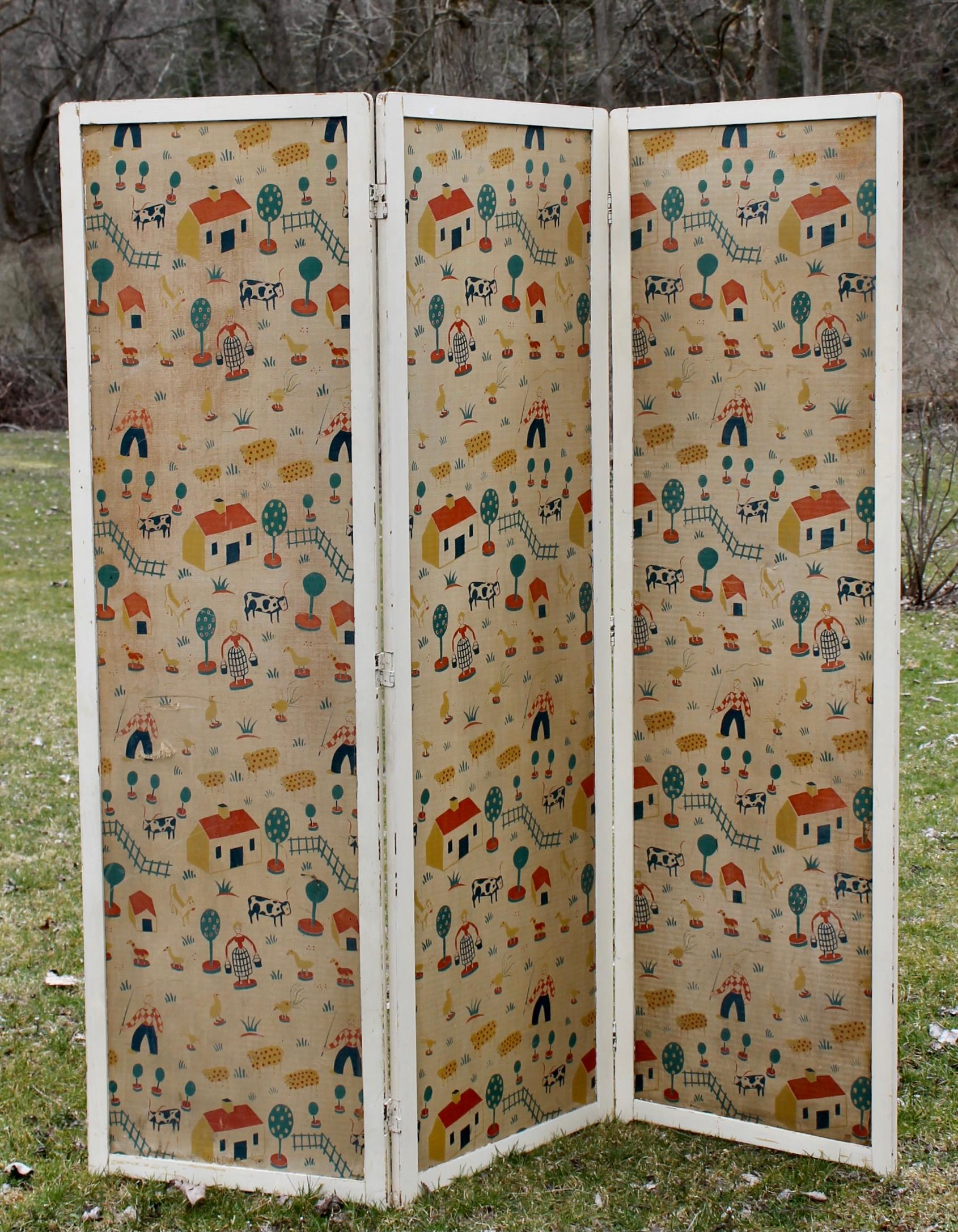 A three paneled wallpaper screen with stylized farm elements pattern.  Both sides-6 wallpaper sides in all.  Enough stylistic evidence to attribute the wallpaper to Ilonka Karasz.  A thorough going through of the Cooper Hewitt Ilonka Karasz Archives