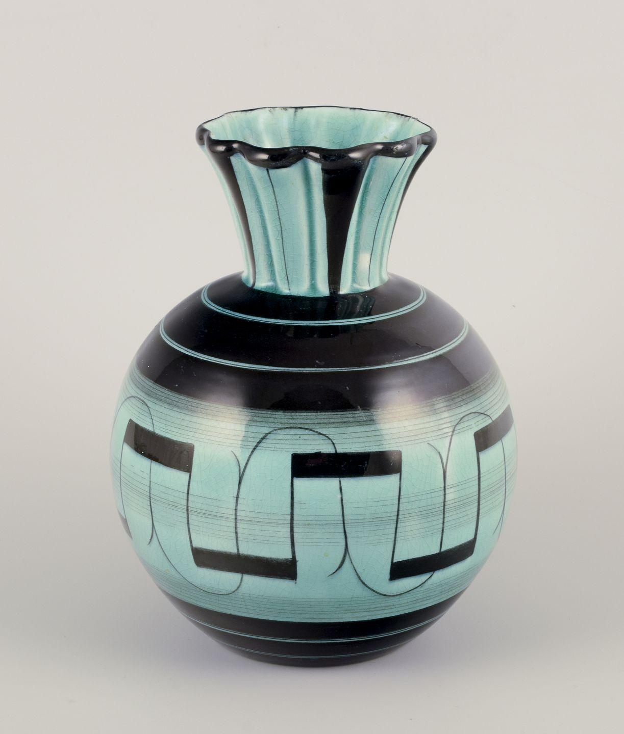 Swedish Ilse Claesson for Rörstrand. Large Art Deco faience vase. Approx. 1940. For Sale
