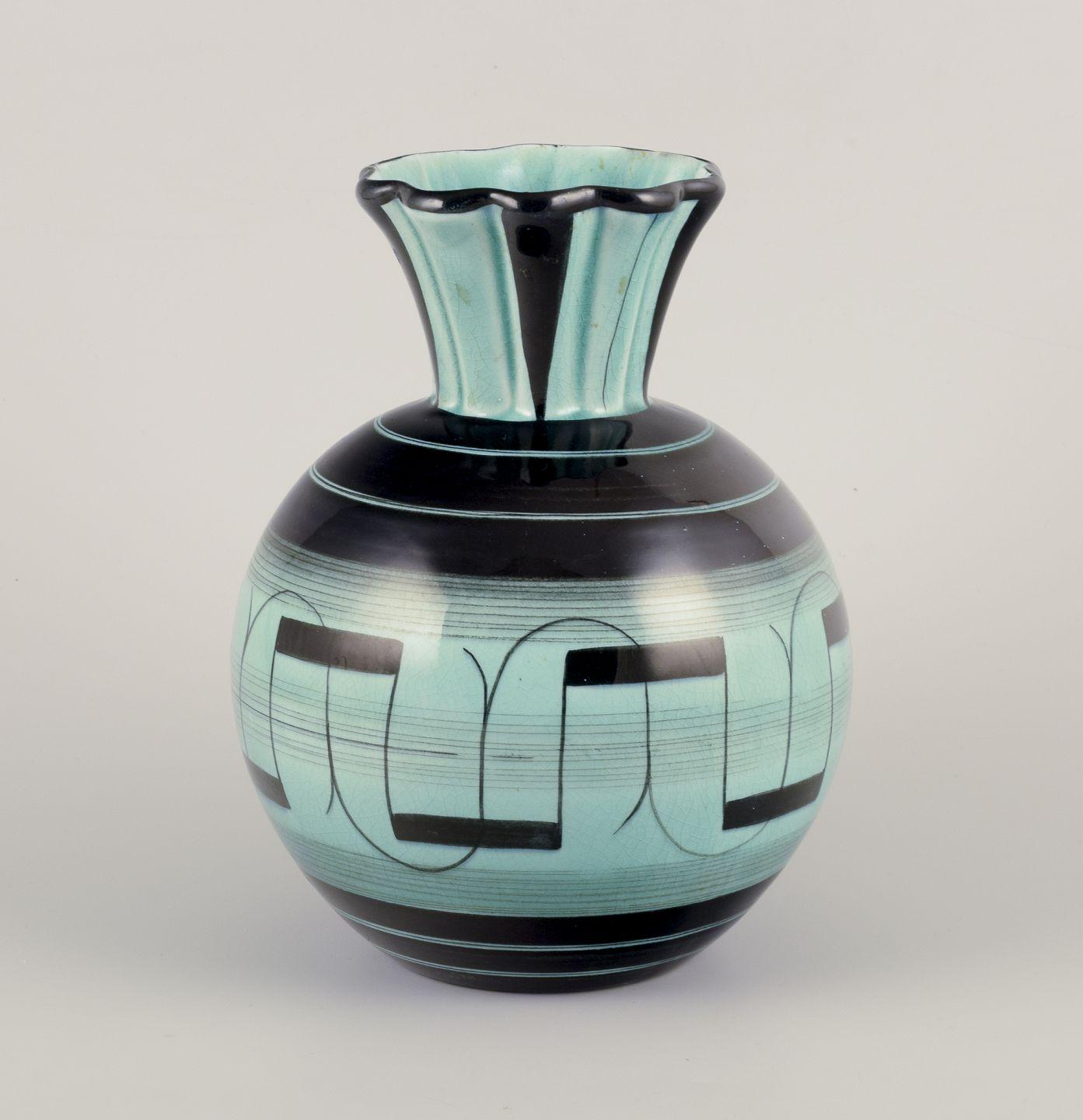 Ilse Claesson for Rörstrand. Large Art Deco faience vase. Approx. 1940. For Sale
