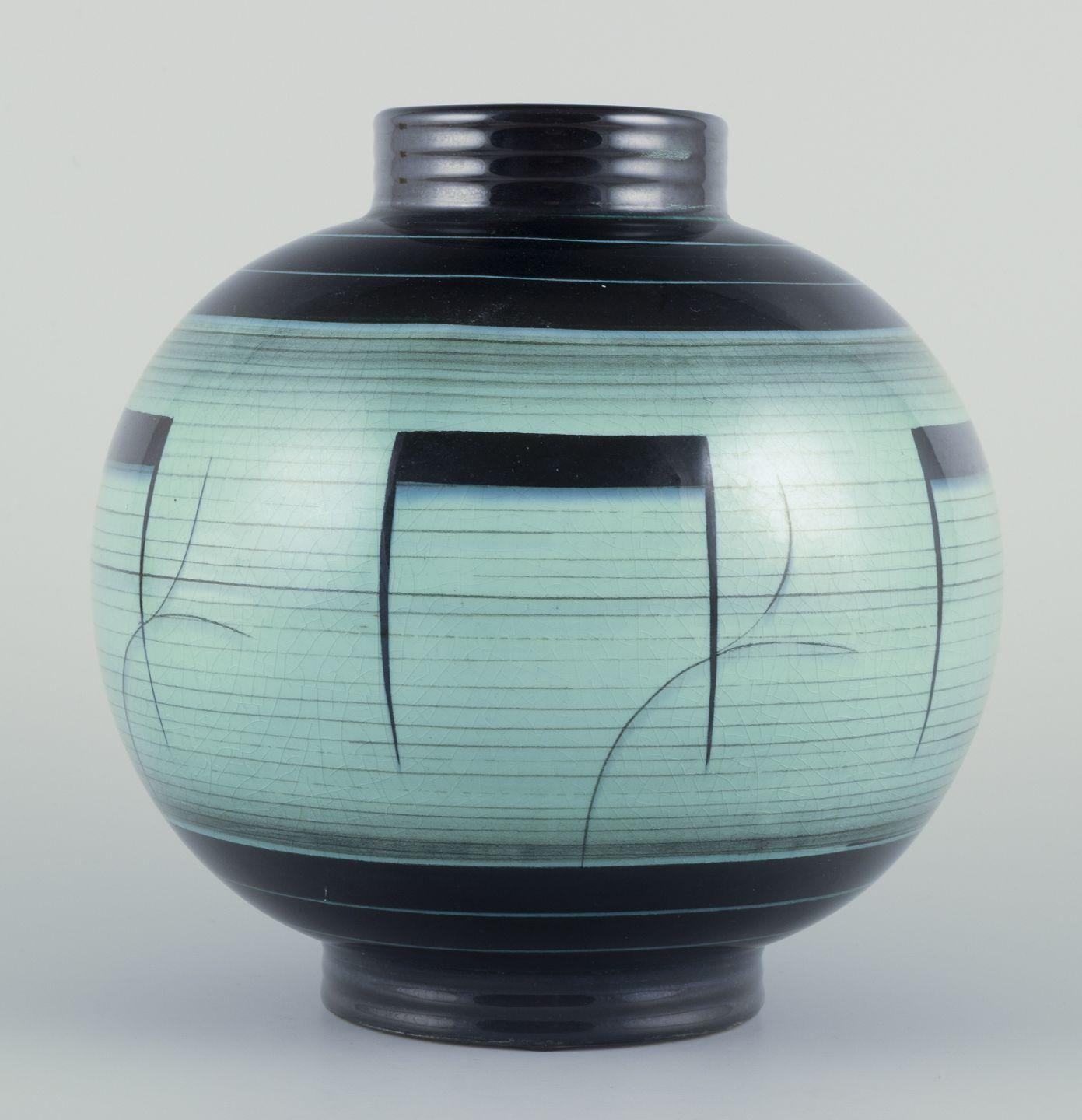 Pre-owned goods are exempt from import duties for U.S. customers. 
Therefore, no import tariffs will be applicable to your purchase.

Ilse Claesson for Rörstrand, Sweden.
Large, round vase in glazed faience. 
Art Deco style with abstract