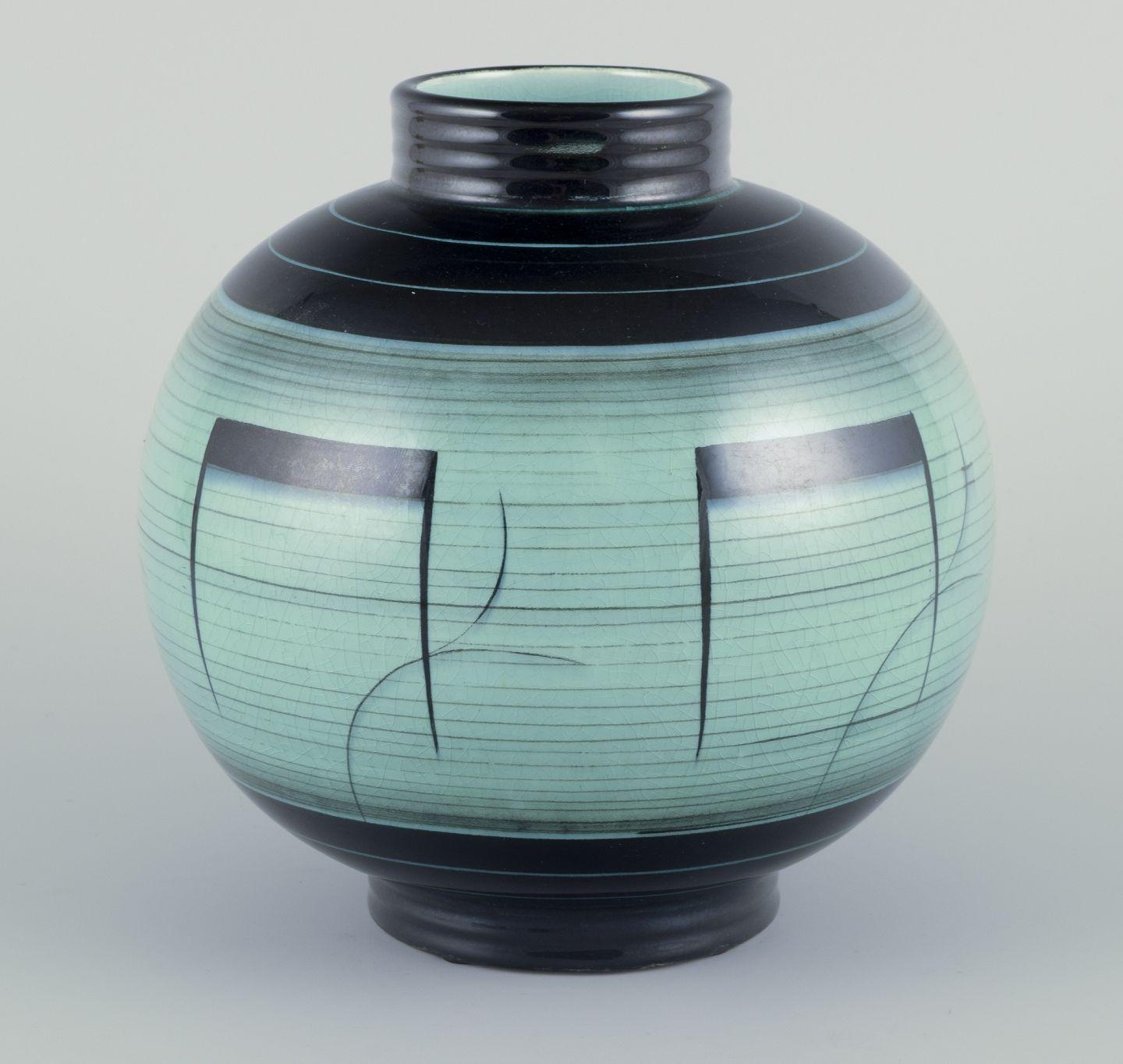 Art Deco Ilse Claesson for Rörstrand, Sweden. Large, round vase in glazed faience. For Sale