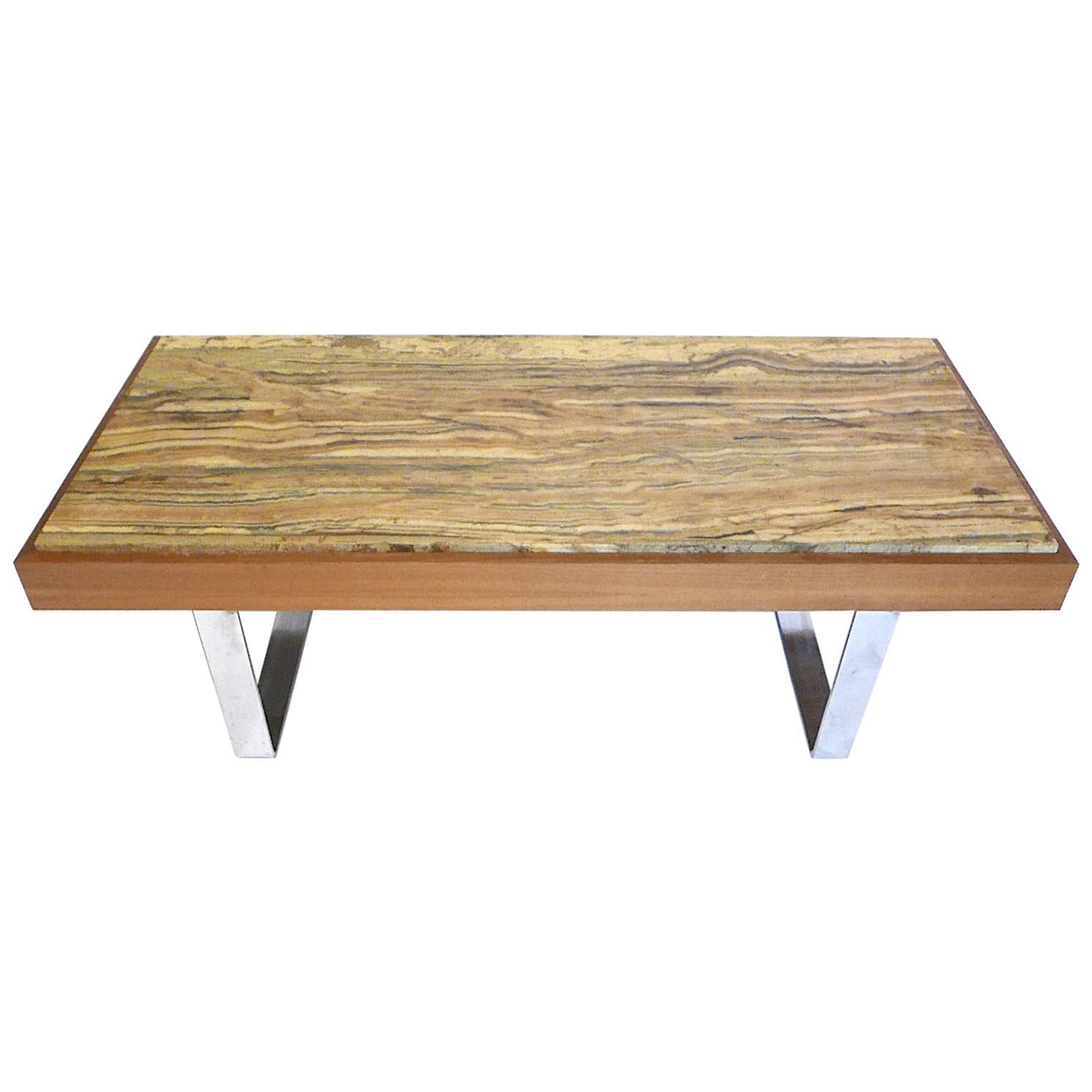 Ilse Möbel Coffee Table with Rare 'Onyx Travertine', Teak & Chrome from Germany